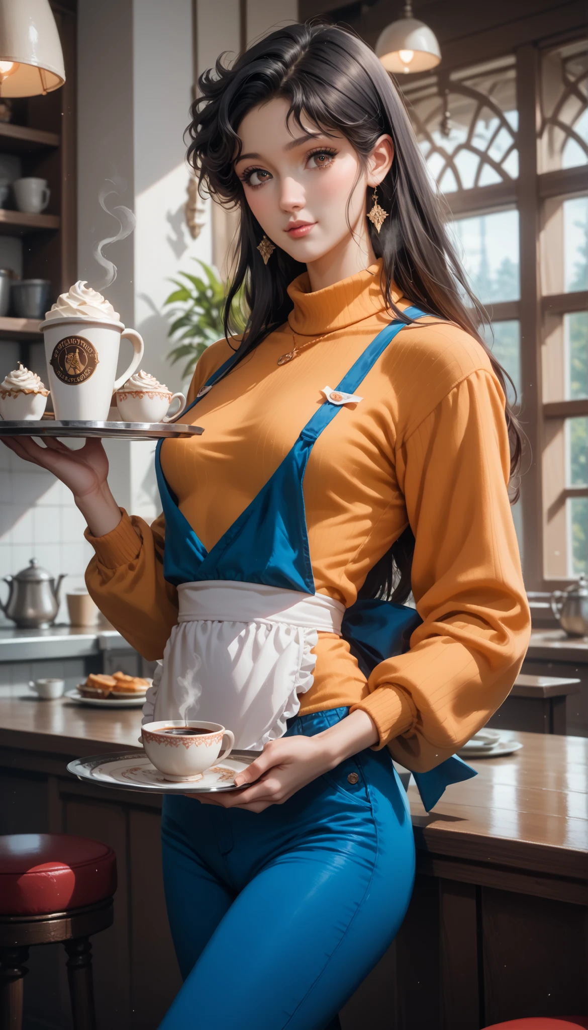 Cat Eye Hitomi, blue pants  (dnins), orange sweater,  apron (white and blue), black hair, Long hair, brown eyes, slim girl, skinny girl, carries a tray with a cup of coffee, better quality, masterpiece, super realistic, 8 k