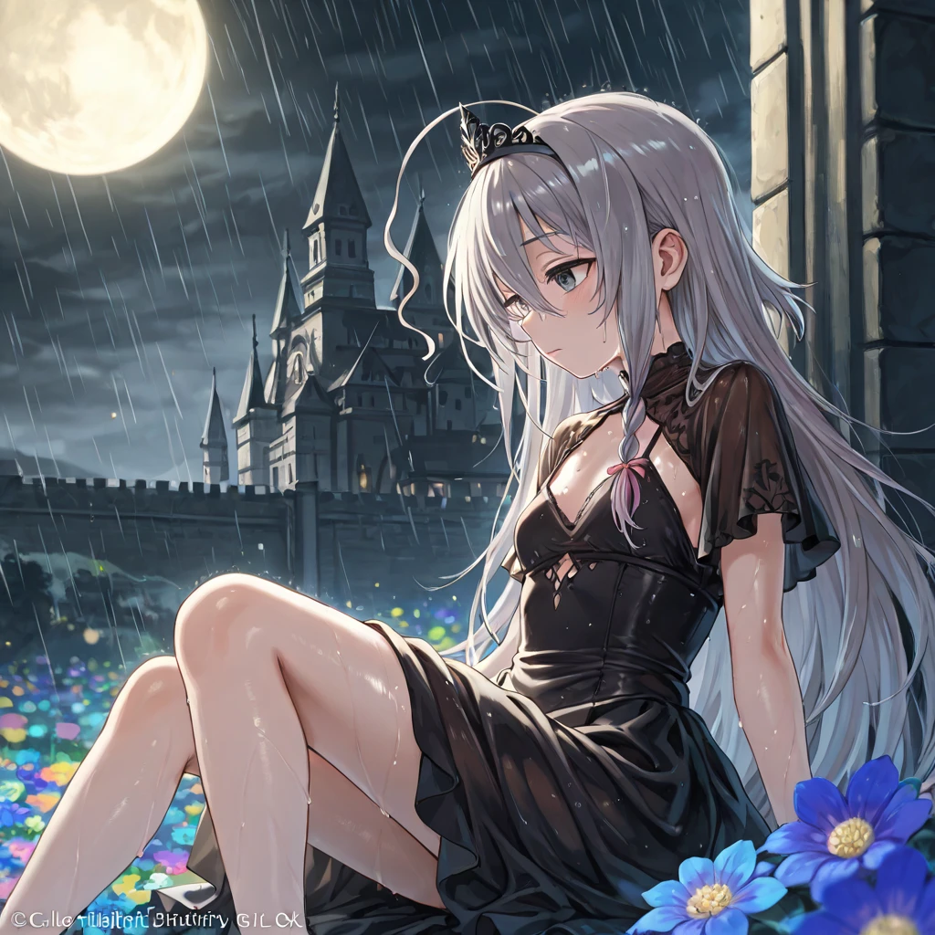 (extremely detailed CG unity 8k wallpaper), a beautiful young woman in the rain, dress, sitting, graveyard with lanterns, Style-Empire, (Style-Glass), (((surrealism))), full_body_shot, dramatic, backlit, light rays, volumetric lighting, detailed face, highly detailed, painting