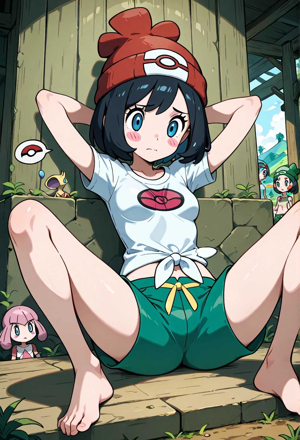 masterpiece,best quality,high res,high quality,8k, masterpiece,highres, team rocket uniform, red letter r, white skirt,white crop top,black thigh-high boots, black elbow gloves,seductive smile, looking down at viewer, hands on hips, cowboy shot, zettai ryouiki,sitting on toilet.spread legs,from below, black panties,anime art style,detailed facial features, highly detailed, 8k, photorealistic, vibrant colors, dramatic lighting, cinematic composition,mairin_(pokemon),hat