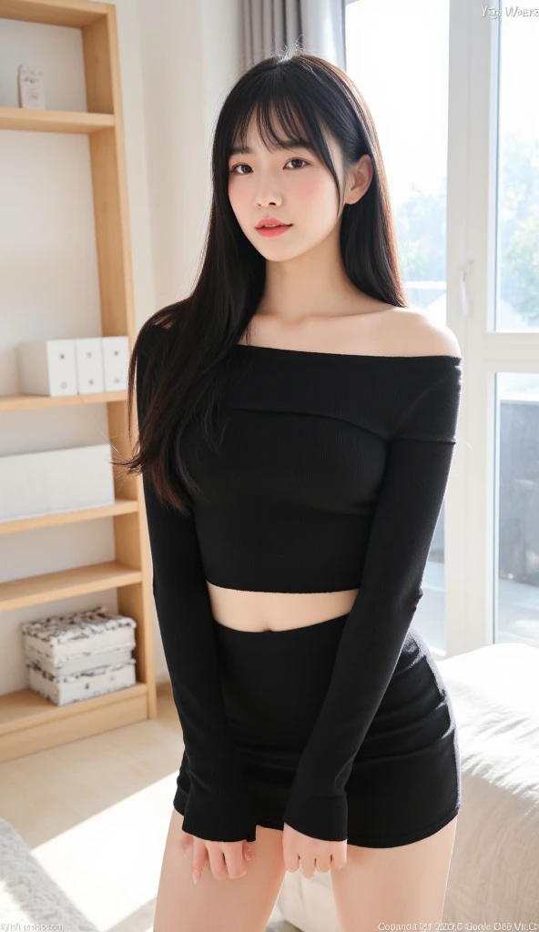 A girl around 36 years old，simplicity，Extremely beautiful and delicate，(light make-up)，black color hair，A sweet smile，Delicate and beautiful fair skin，Realistic and realistic，exquisite and complete facial features，Detailed depiction of the face，tall nose bridge，Red lips，Beautiful, gentle and beautiful girl，Smooth hair，Extremely delicate hair，Feminine temperament，Fill your face light，hyper realisitc，photorealestic，8K quality，extremy detailed，Realistic details，Works of masters，Realistic to the extreme，big breasts body，Beautiful，Pure desire，Stunning beauty，Peerless beauty，Highest image quality，8K分辨率，goddes，ssmile，Fine facial features，Hair over the shoulder，A brown-haired，Large long thick legs，(((High-waisted French top)))，(((short  skirt)))，rays of sunshine，facing at camera，The body is well-proportioned and firm，Gentle eyes，exposing thighs，stand posture，Stand inside the mall，Full body photo