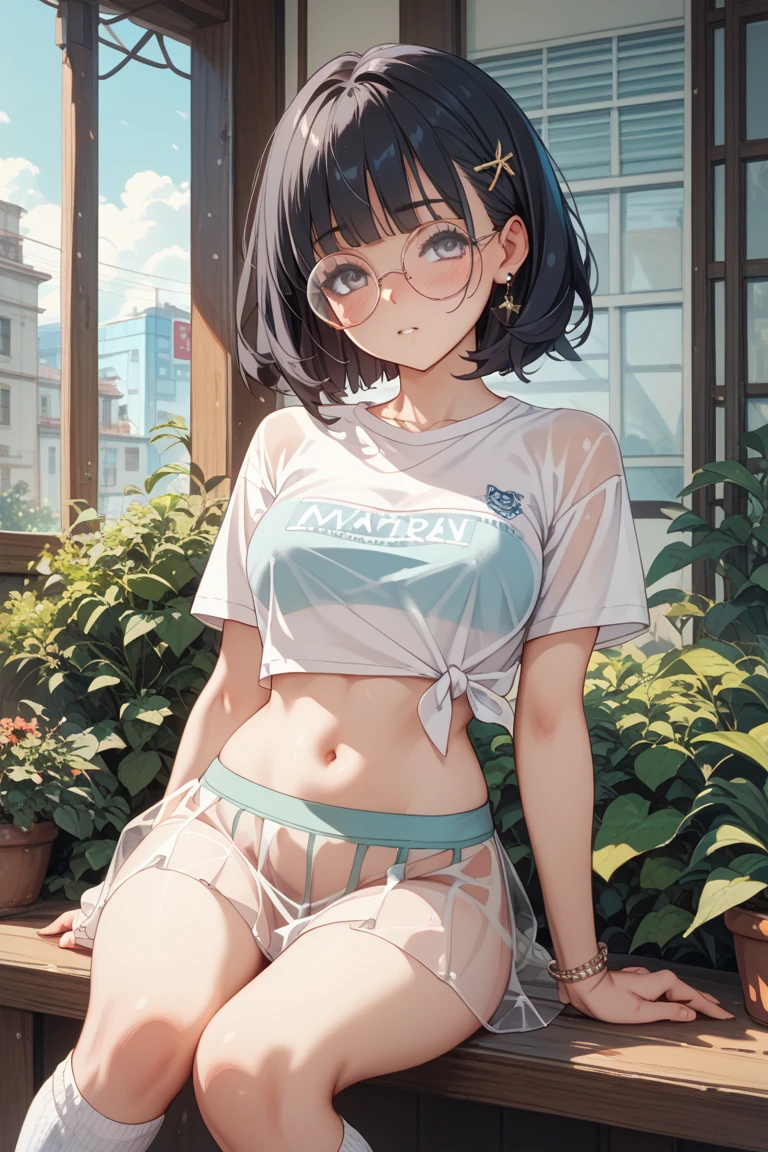 highest quality, white background, 1 girl, round glasses, yellow eyes, ((((Loli)))), (((short))), cool face, Standing picture, The whole body is facing left,  standing upright, brown short bob cut hair, (BREAK white T-shirt), (thin legs), ((((Only my chest is too big)))), (Are thin)
