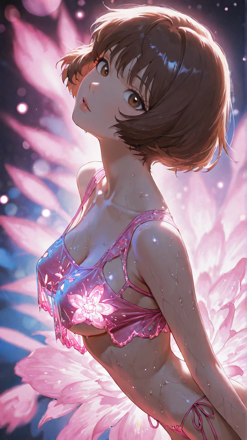 (masterpiece)(8k)(cute)(25-year old woman)(1girl:1.5)(solo:1.8)(lying on bed)(pulling off bra:1.3)(from above)(wild hair:1.3)(short hair:1.3)(orange hair)(flat chest:1.4)(small breasts:1.4)(perky nipples:1.3)(white bandana:1.2)(lime green pupils)(glossy skin)(glossy lips:1.3)(glossy eye-shadow:1.5)(shiny)(choker necklace)(translucent panties:1.5)(cameltoe:1.5)(sweaty:1.5)(knee high socks:1.3)(seductive:1.3)(smile:1.5)(mischievous:1.5)(white linen sheets)(semen:1.5)(masturbation:1.2)(steamy) rossdraws pastel vibrant, rossdraws cartoon vibrant, style anime 8k, beautiful portrait, artgerm colorful!!!, ! dream artgerm, beautiful anime girl, styled digital art, art wallpaper 8k, digital art, extremely detailed artgerm,