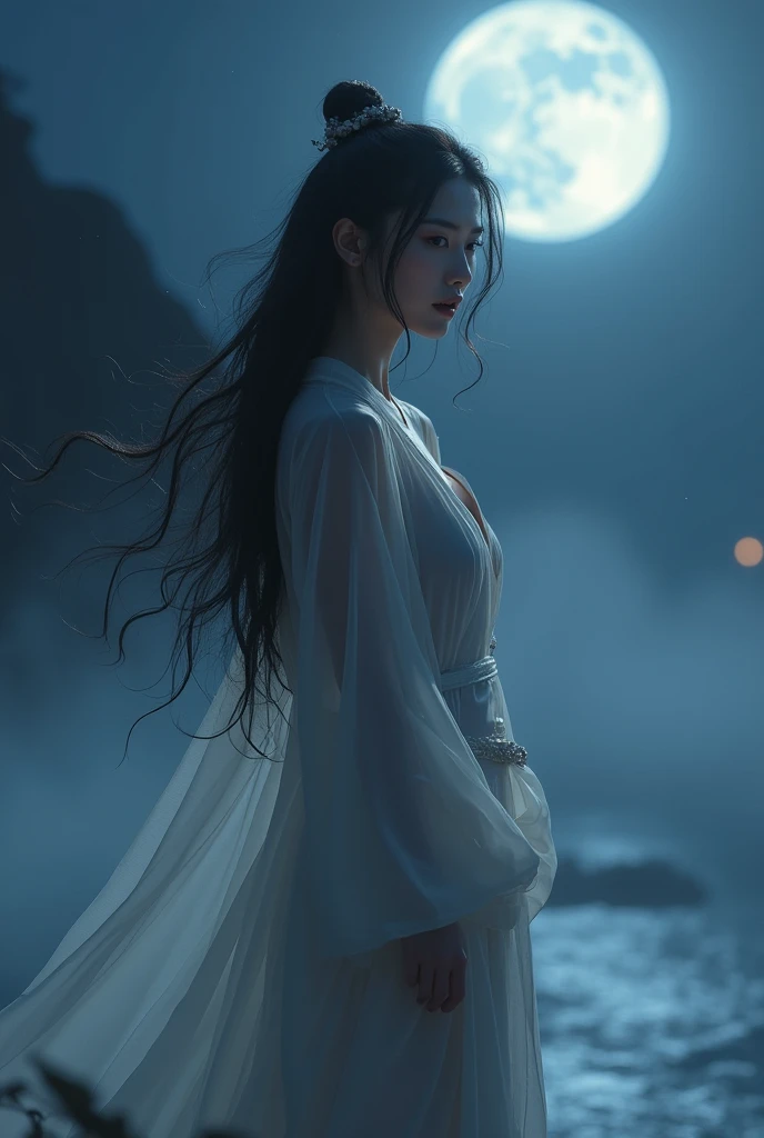 Delicate and dainty young woman with shiny black hair . She is wearing bright grey. The background is a fantastic and ethereal night sky that seems to be haunted by a specter. Her expression is stern and atmospheric. Angle from directly below.