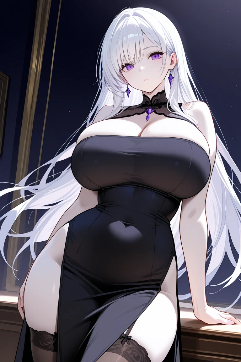 1girl,solo,huge breasts, ghost costume , (hitodama) ,night, tombstone, graveyard,,, long sleeves, very long sleeves, , ghost, pale skin,, off shoulder, cleavage, no bra, extremely long white hair, sitting on tombstone, bare legs, shredded tattered clothes, curvy wide hips, massive breasts, chubby thighs, beautiful pink eyes, top down. Looking down