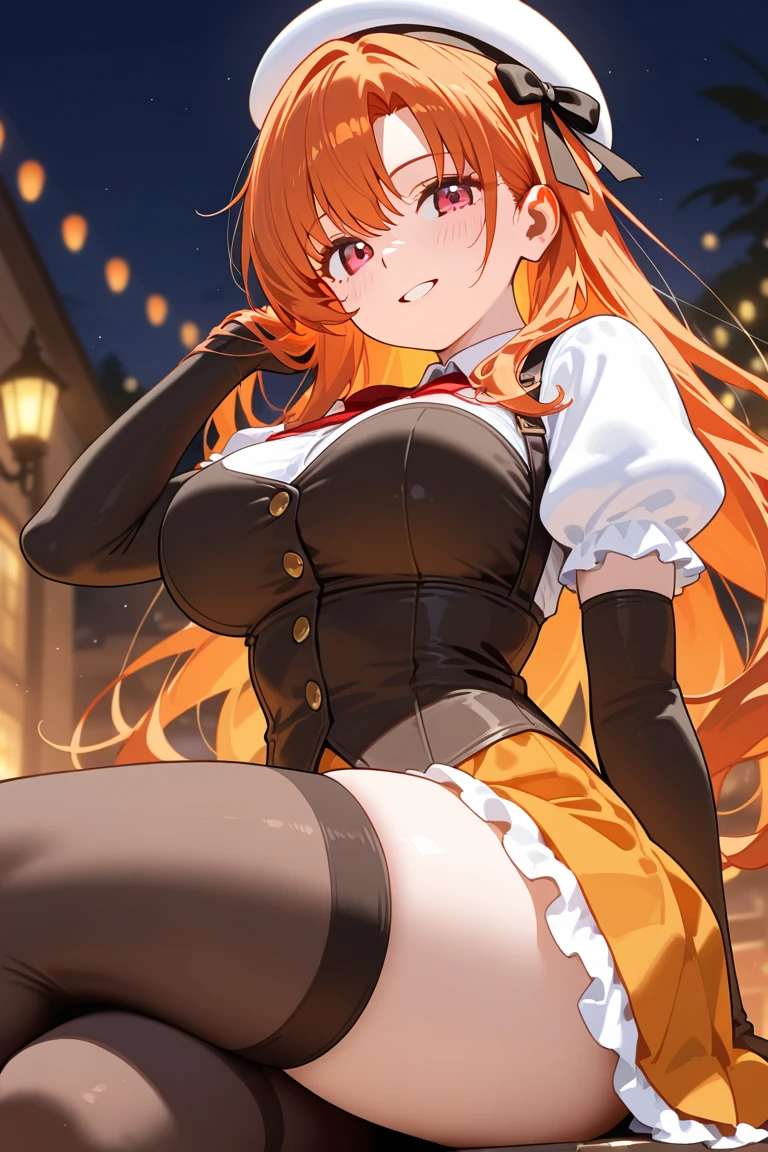 Girl、Curled hair、Cutting bangs、Yellow Eyes、Orange hair color、Lolita Fashion、Frills、ボリュームのあるFrillsのスカート、Lots of ribbons、Short、cute、smile、fairy tale western style room、skirt lift、garter belt、Off the shoulder、topless、(show off breast)、Show off your breasts、(Nipples)、Leg spread、Pussy、spread pussy、(nsfw)