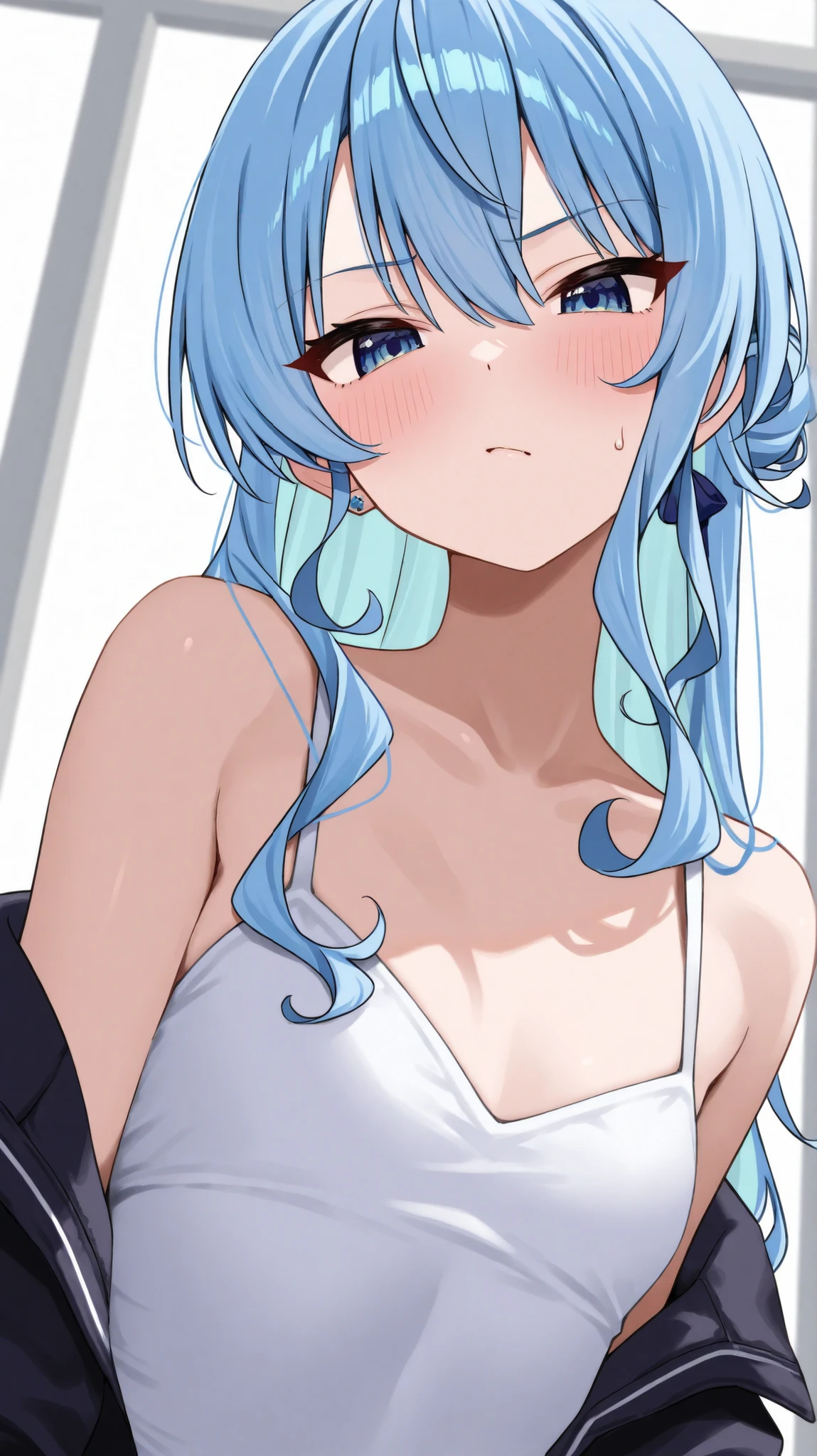 Hoshimachi Suisei、hoshimachi suisei、light blue hair、Blue Eyes、gal、cute、model body type、tsundere、female 、An inciting face、 condescending face、upper body