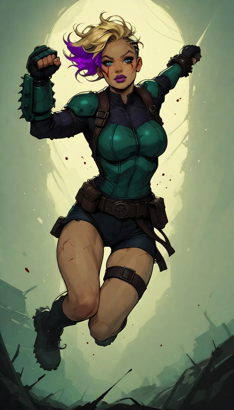 ((post apocalyptic,  post apocalyptic raider)).  Raider. ((Blonde Undercut Hair with Purple highlights, glowing Raider Armor)). Intricate Post-Apocalyptic Biopunk Armor. Dark skin. Blue eyes. Flawless appearance. dnd character.  dnd. ((Intricate Purple Savage Armor)), ((Swinging A Green Chainsaw Sword, Bloody  :1.4)), busty,  big lips, ((Eye Focus, , leg Focus)), Post Apocalyptic background