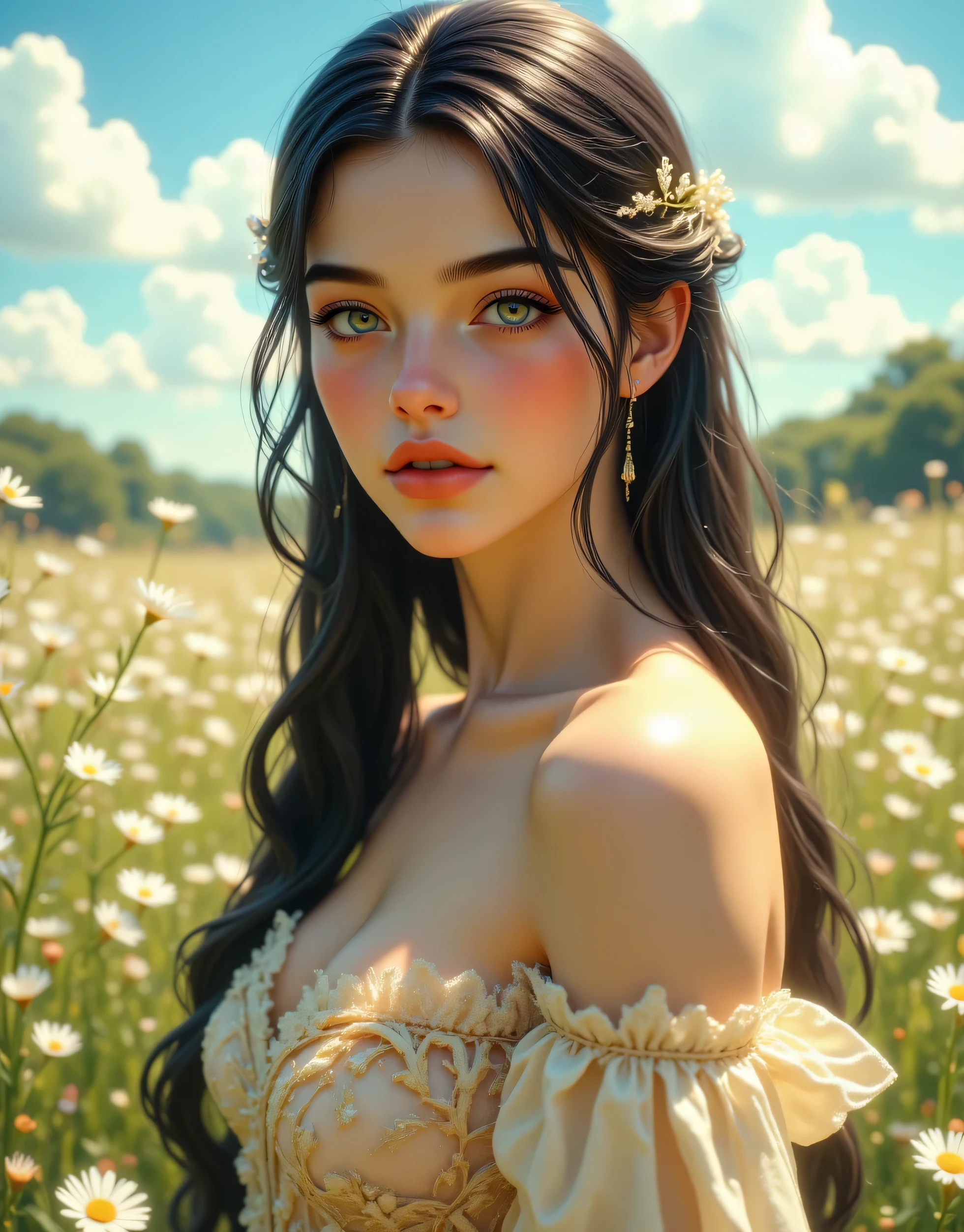 A beautiful young woman with long dark braided hair, sitting in a sunny daisy field under a bright blue sky with fluffy white clouds. She is wearing a soft, elegant cream-colored lace dress with sheer fabric and ribbon bows, styled in a romantic, cottagecore fashion. Her expression is gentle and serene, with soft blush on her cheeks. The photo is high-resolution, hyper-realistic, with delicate lighting, natural soft focus, and vivid floral details. Captured in golden hour lighting, 85mm lens style, bokeh background, ultra-HD 8K, perfect skin texture, editorial photography, Adorable 3D Character, 8K , depth of field , focused subject , dynamic angle , sexy pose , best quality , detailed eyes , perfect eyes , realistic, a stunning fairy girl adorned with lustrous golden locks and sparkling eye makeup, highly detailed, masterpiece, , 3D render, adorable character, 3D art, professional 3d model . octane render, highly detailed, volumetric, dramatic lighting, Expressive, wide eyed, biting her lip, shocked, realistic skin textures, she's horny, wet skin, laying on bed in forest, on all fours, (slim fit), pose , Ultra-detailed, cinematic lighting, high-resolution. Studio Ghibli Dark Fairytale, style