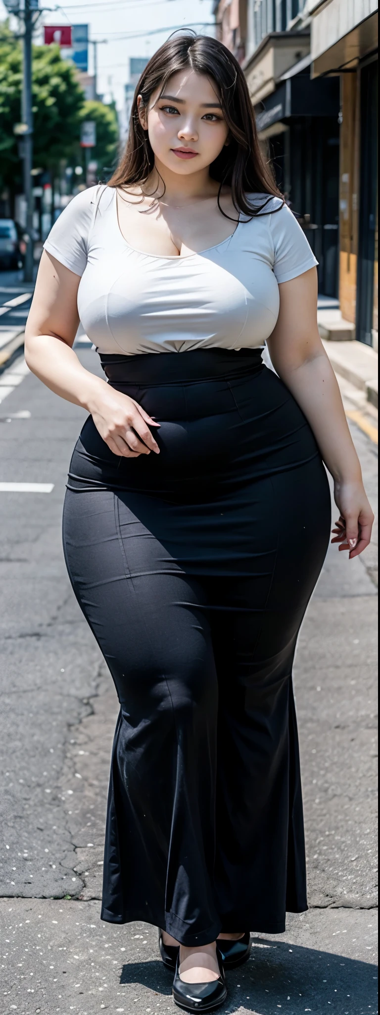 ((best quality)), ((masterpiece)), (detailed), malay woman, perfect face, araffe woman in a dark-blue gamis walking down a street, thicc, she has a jiggly fat round belly, bbwchan, wearing tight simple clothes, skinny waist and thick hips, widest hips, her belly is fat and round, soft curvy shape, hyperrealistic full figure, wearing gamis , wide hips