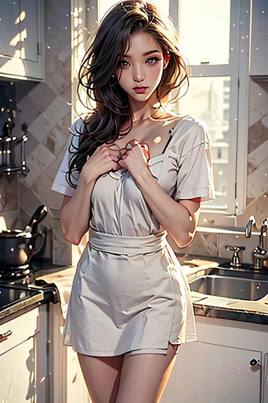 animation、HD、high resolution、 woman standing in the kitchen 、Miniskirt、early morning、soft light、 beige apron 、My chest is showing、