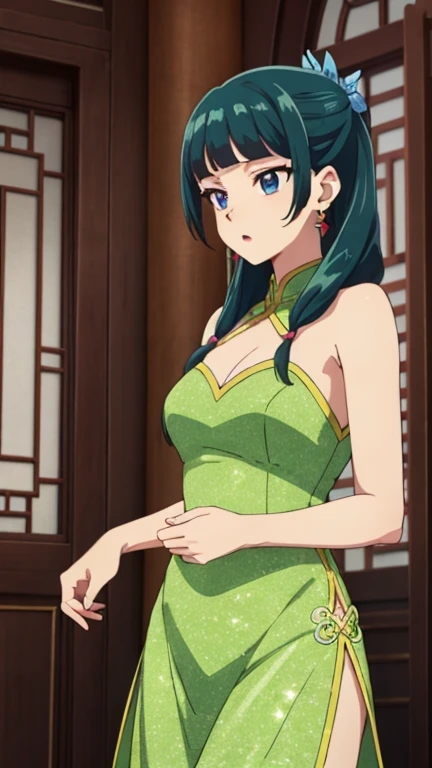 (Highest quality), (8k, High resolution), (masterpiece: 1.2), (Very detailed), (Anime art style), (maomao), One girl, Teen Style, Detailed green hair, Detailed blue eyes, Complicated hairstyle, Long Hair, Earrings, (slim body), Sparkling eyes, hair accessory, Earrings, Half Up, Slightly blunt bangs,  (China dress, Exposed shoulders), Detailed lighting, Bright colors, looking at viewer, Cowboy Shot, indoor,