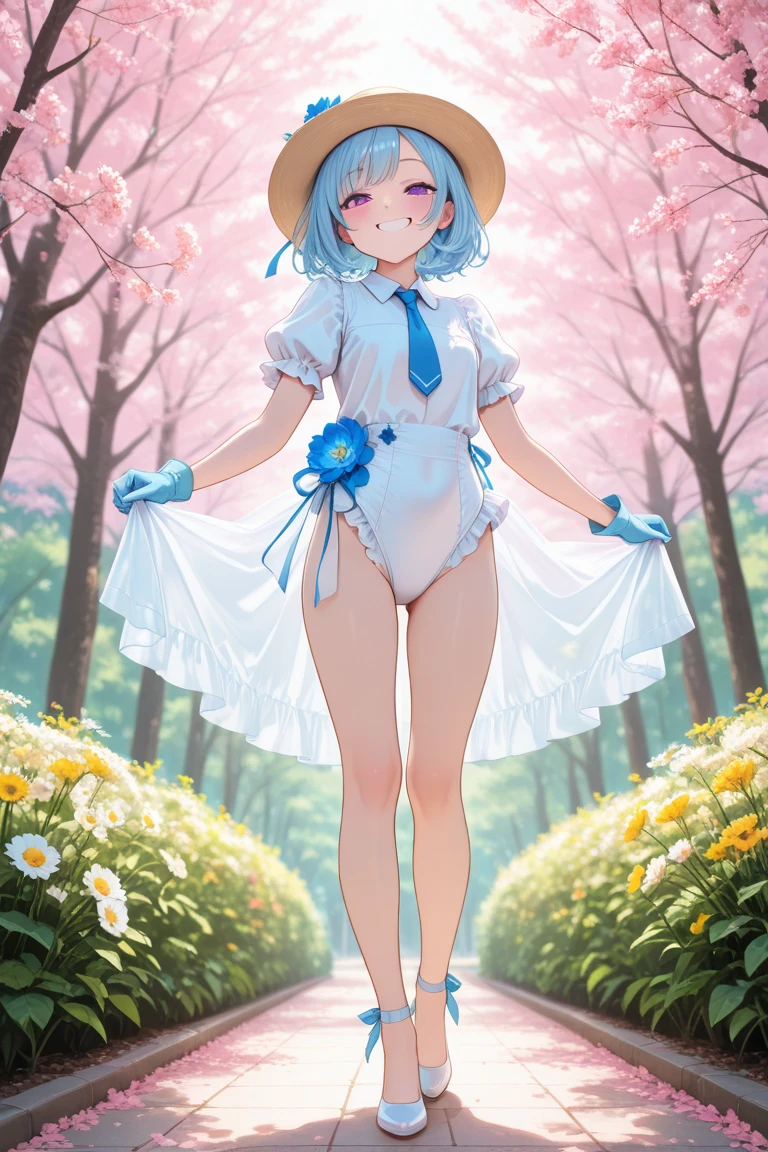 cowboy shot, solo, 1girl, looking away, smile, blush, medium breasts, light green hair, widow's peak, light grey eyes, beautiful detailed face, ultra detailed eyes, blue frilled shirt, glitter particles, Lathyrus_odoratus \(flower\), floral background <lora:gujianshaonu_style_v04Unet:1>