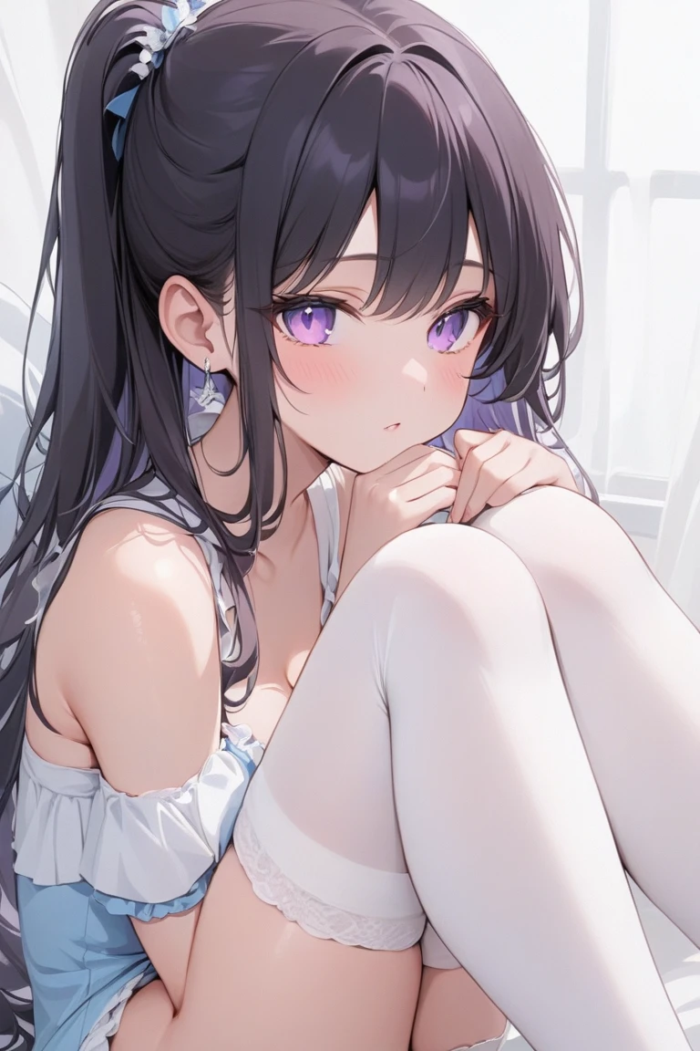 imizu, 1girl, arm rest, bangs, barefoot, black hair, couch, cushion, full body, hand in own hair, hand up, knee up, legs, long hair, looking at viewer, on couch, panties, pantyshot, parted lips, picture frame, purple eyes, purple panties, robe, sash, sitting, solo, thighs, underwear, wooden floor, outdoors and hail, finely detailed background, amazing background, incredibly absurdres, best quality, perfect lighting, illustration