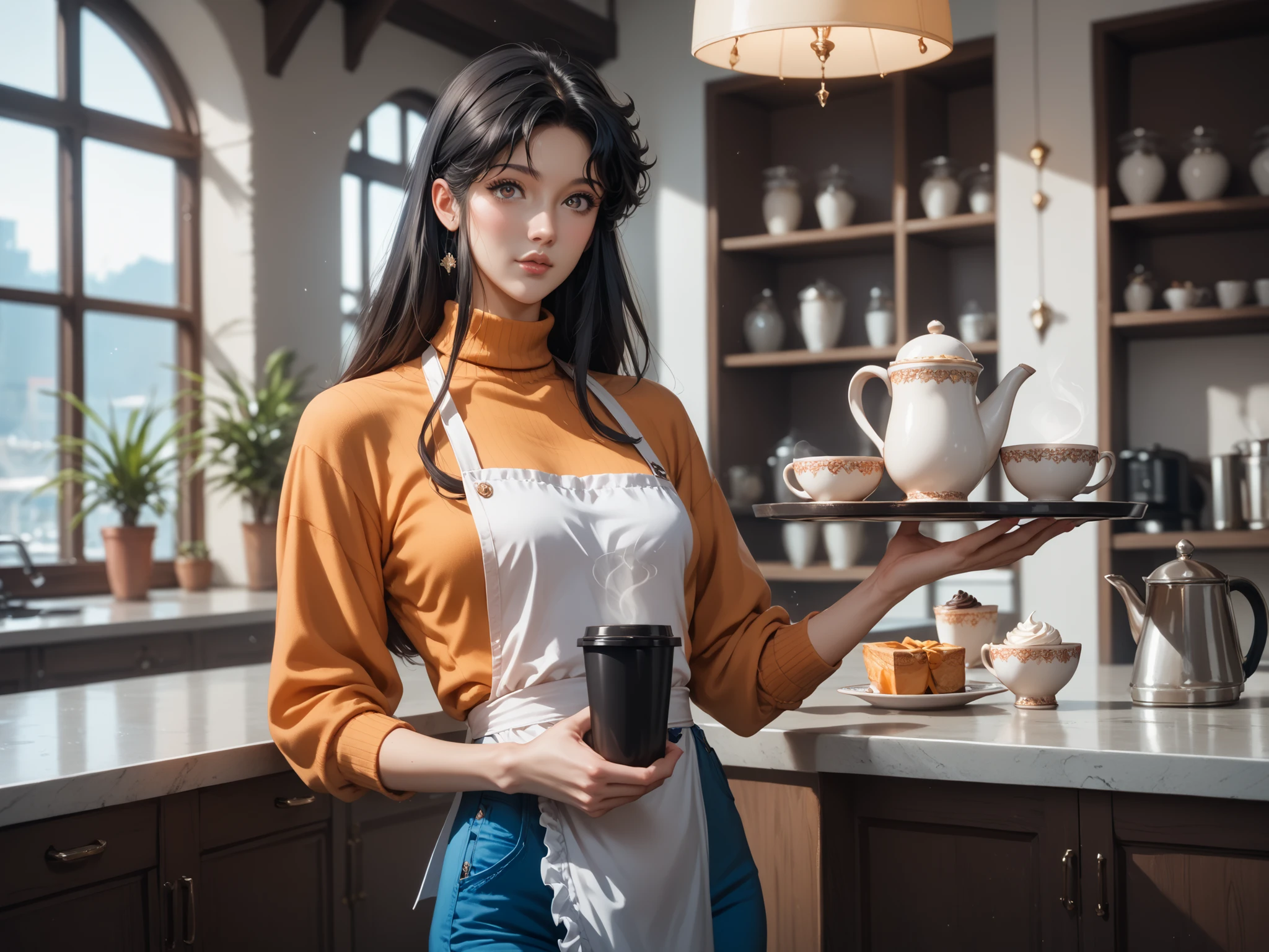 Cat Eye Hitomi, blue pants (dnins), orange sweater, apron (white and blue), black hair, Long hair, brown eyes, slim girl, skinny girl, carries a tray with a cup of coffee, better quality, masterpiece, super realistic, 8 k