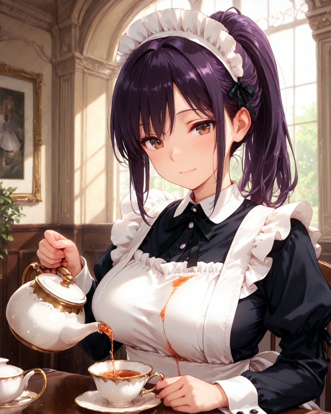 masterpiece, best quality, extremely detailed, anime, Girl, black hair, ponytail, maid outfit, table, cocoa, (she squeezing lemon), juice poured into cocoa,