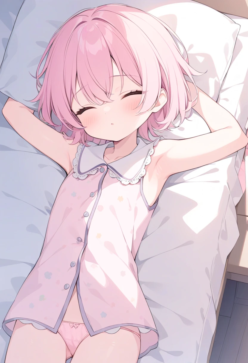 One Girl、 Bedroom、View your viewers、night、Bedroom、bed、Blushing with embarrassment、cute、Pink Bra、Pink Panties、Thin underwear、Sleeping posture、Kaname Madoka、Child body type、Small breasts、pig tail、Pink Hair