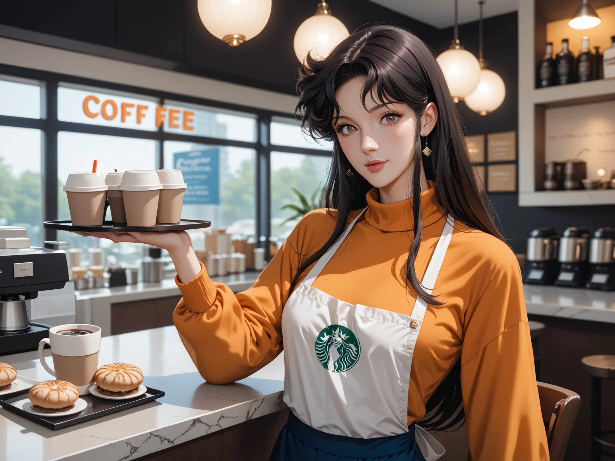 anime cat eye coffee shop, The writing on the wall (Cat's eye),
Cat Eye Hitomi, blue pants  (dnins), orange sweater,  apron (white and blue), black hair, Long hair, brown eyes, slim girl, skinny girl, carries a tray with a cup of coffee, better quality, masterpiece, super realistic, 8 k