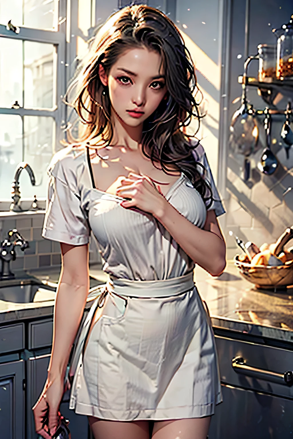 animation、HD、high resolution、 woman standing in the kitchen 、Miniskirt、early morning、soft light、 beige apron 、My chest is showing、