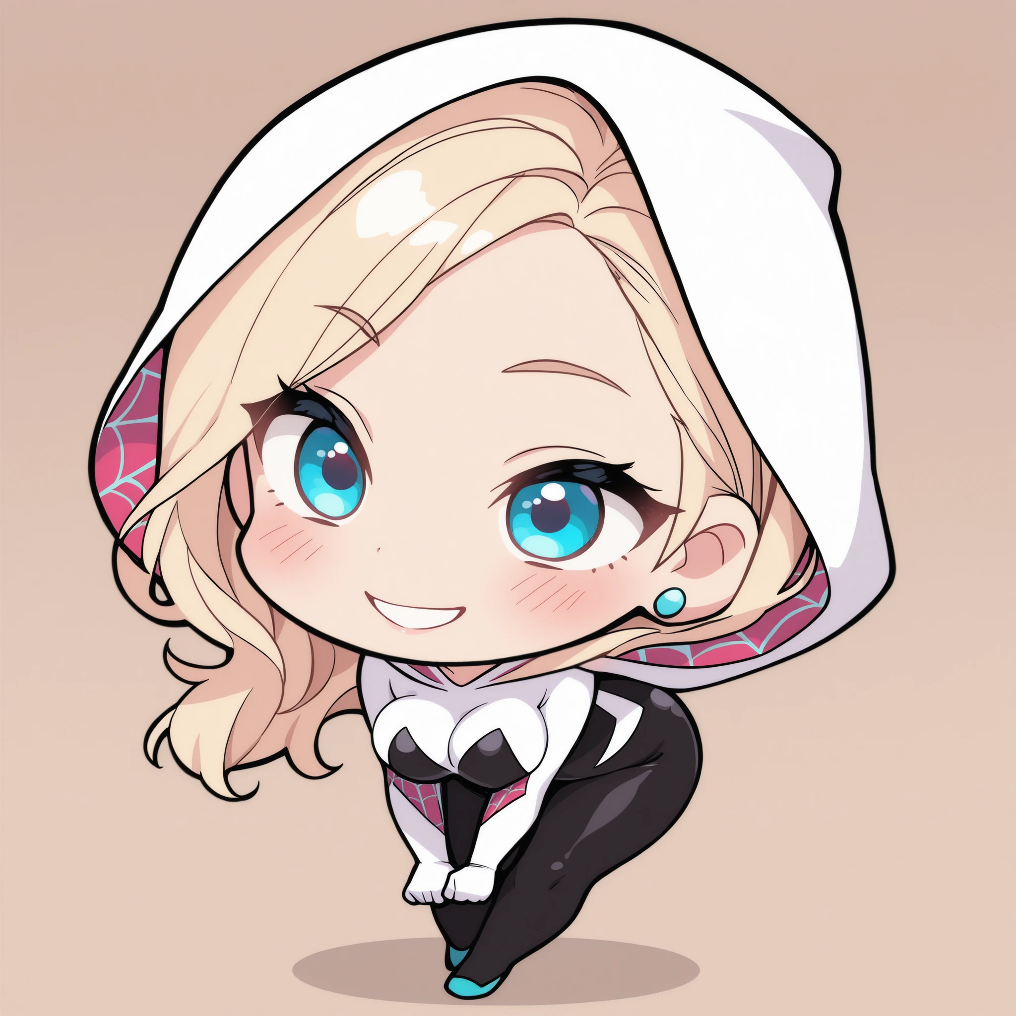 Kurashiki Reika, high quality, masterpiece, Very detailed, high quality, high resolution, A girl, solo, blonde hair, blue eyes, beautiful, beautiful and perfect face, smile, View your audience, white strapless sweatshirt, eyes with hood, Spider-Gwen, Black leggings, Spider-Gwen costume, visible, Big Breasts, Chibi style, full body, sexy, blush, Chibi character, standing, Chibi, Spider-Man style web slinging, dynamic pose