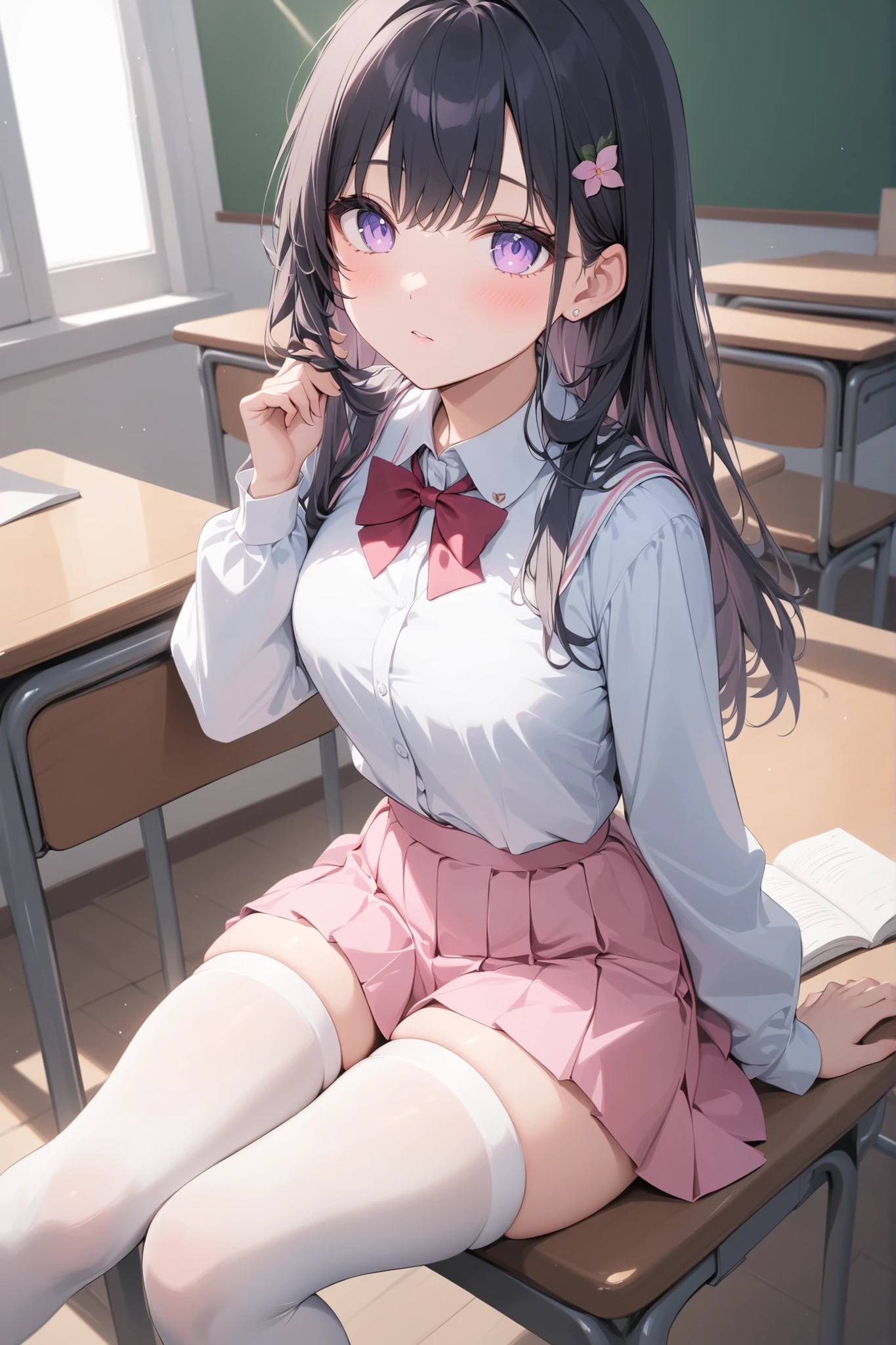 masterpiece,8K4K,best quality,Plain(White Stockings) lori,long black hair,High School Student