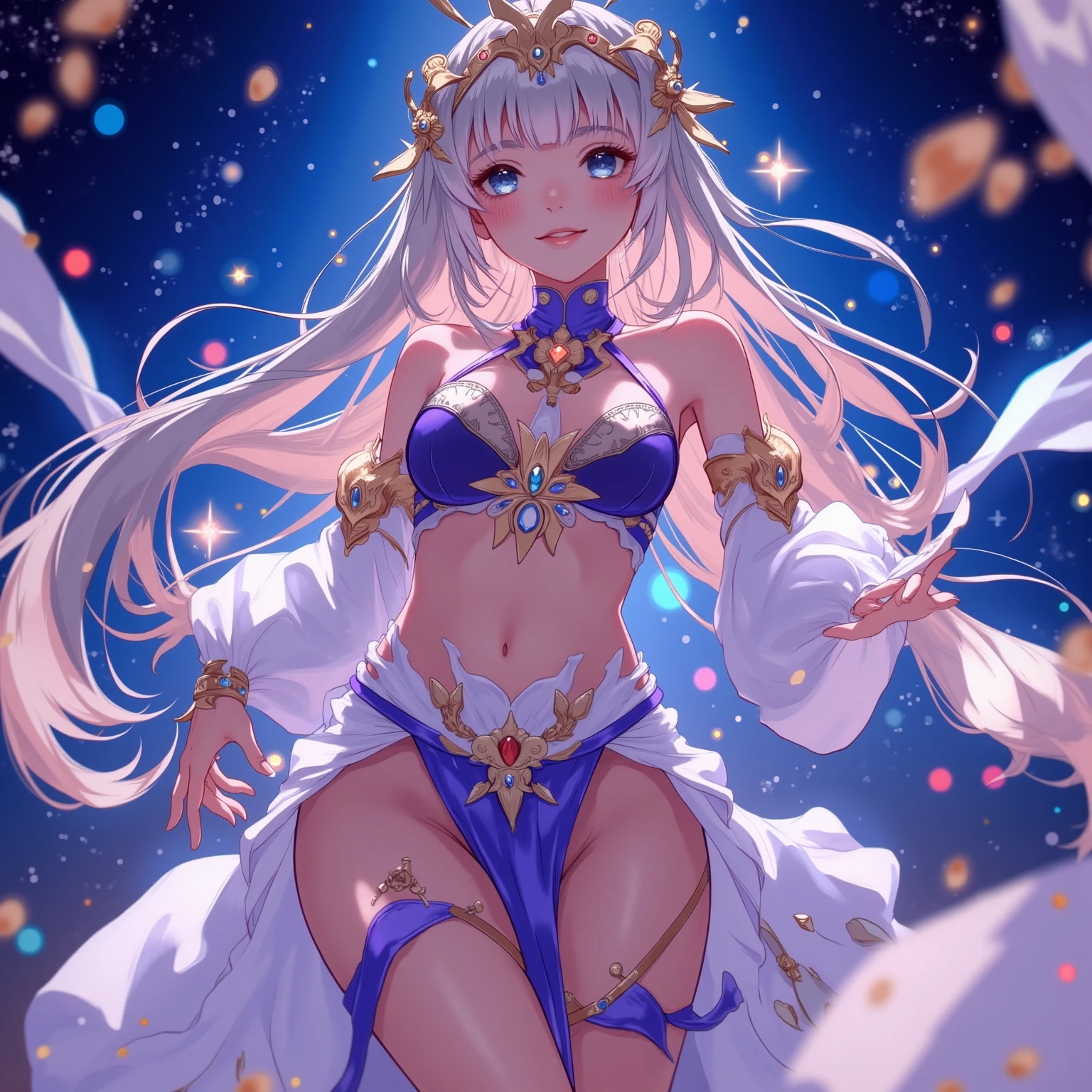 Name: Aurora power supply: The ability to manipulate light and create illusions of color: golden,Slightly pale pink clothing: along, golden飄逸長裙, with pale pink details,Looks like it's made of light. gold sandals with shiny details.
Accessories: sun pendant necklace and crescent moon earrings.