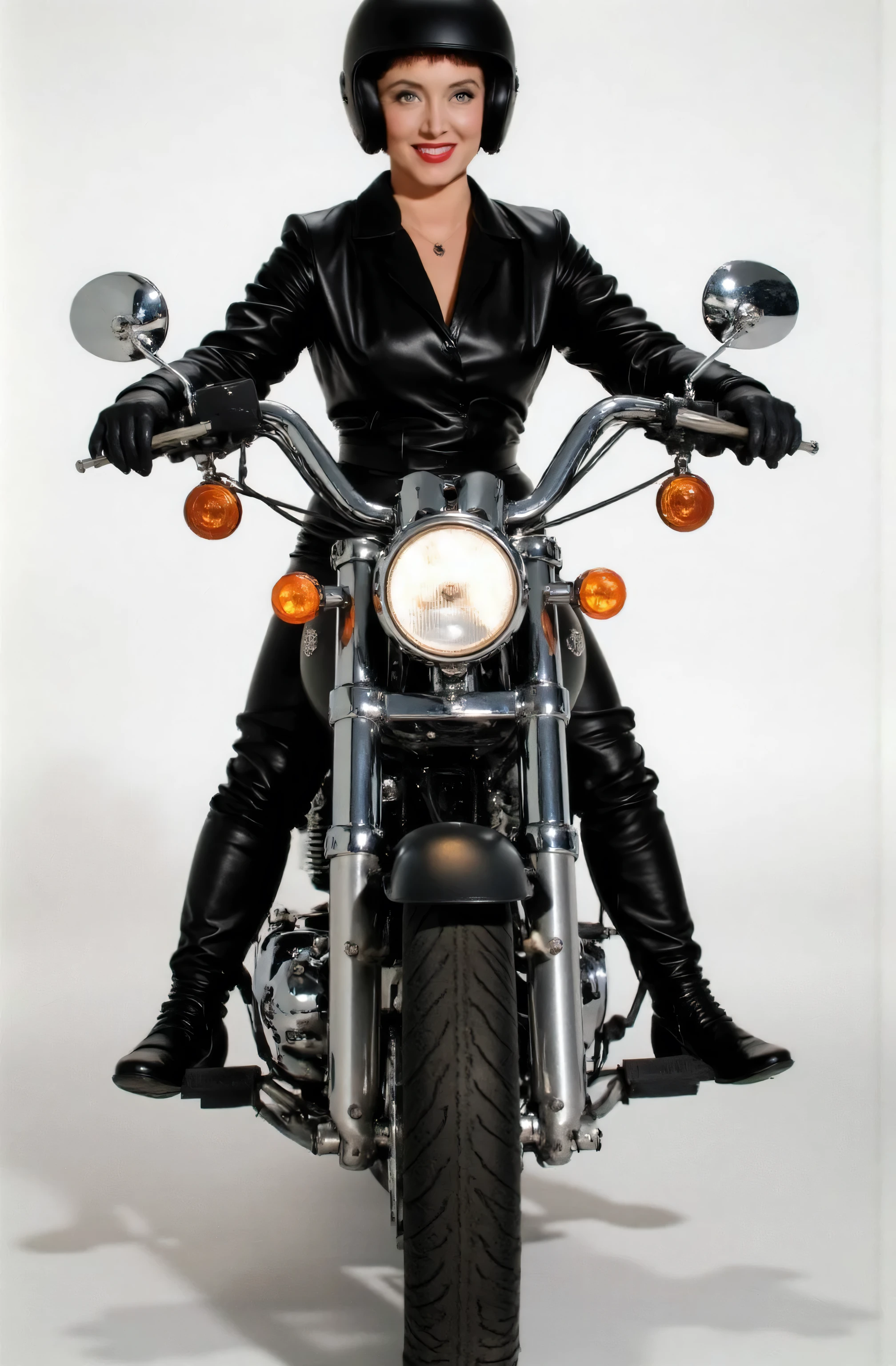 Marsha Queen Of Diamonds wearing a black leather pants, wearing black leather boots up to her knees, wearing black leather opera gloves. wearing a helmet, riding a motorcycle, full body picture, she is smiling.