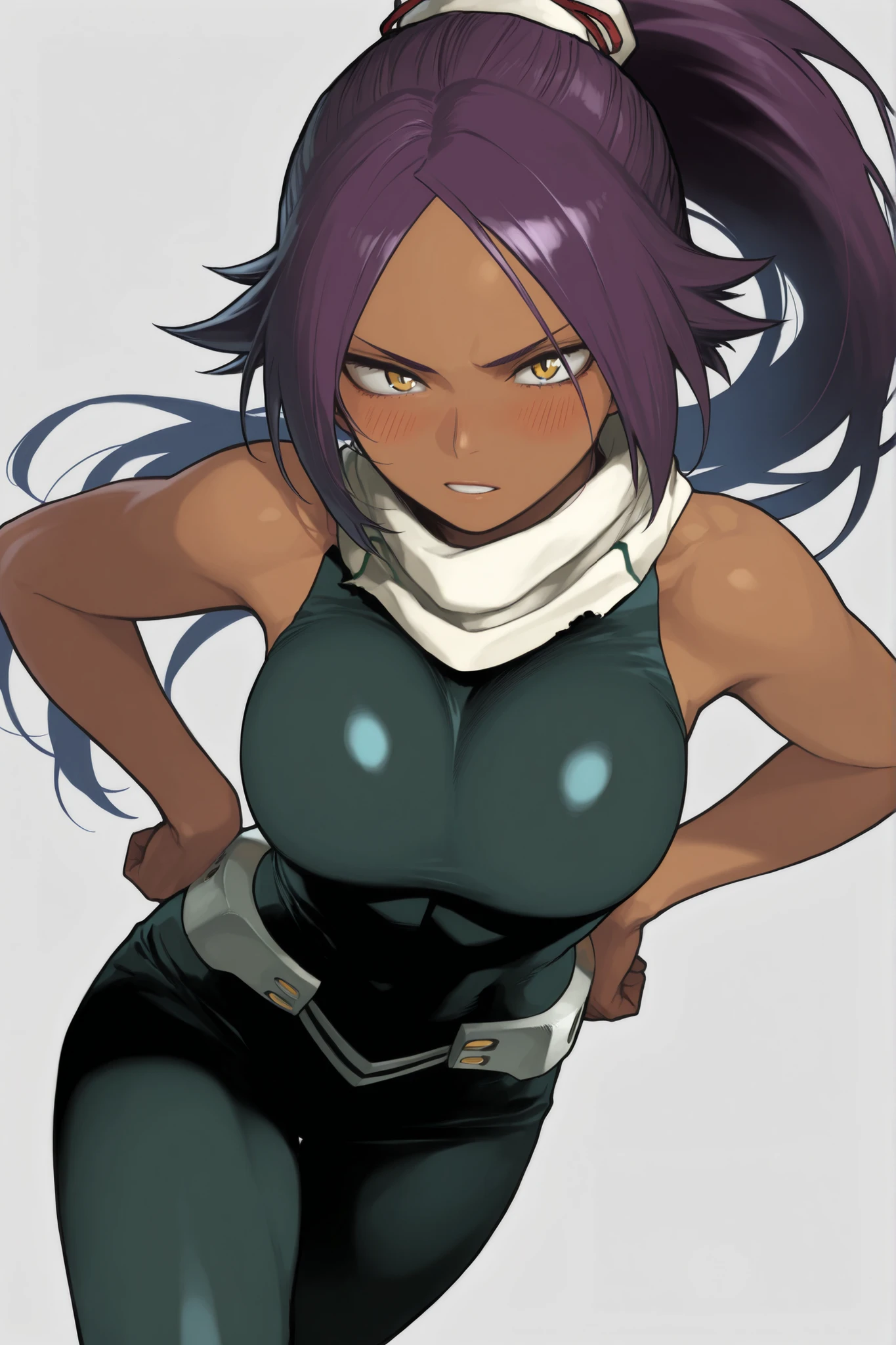 score_9, score_8_up, score_7_up, score_6_up, score_5_up, score_4_up,
BREAK
(masterpiece: 1.0), best quality, perfect anatomy, perfect composition, perfection, Realistic proportions, realistic anatomy, my hero academia, kohei horikoshi
BREAK
use of shape theory, use of anatomy, defined body, defined textures, defined fabric folds. (dynamic pose, foreshortening, foreshortening, dynamic pose,)
BREAK
1girl, solo, long hair, breasts, looking at viewer, blush, simple background, Yoruichi Shihouin, dynamic pose, thick lines, hands on hips, high angle