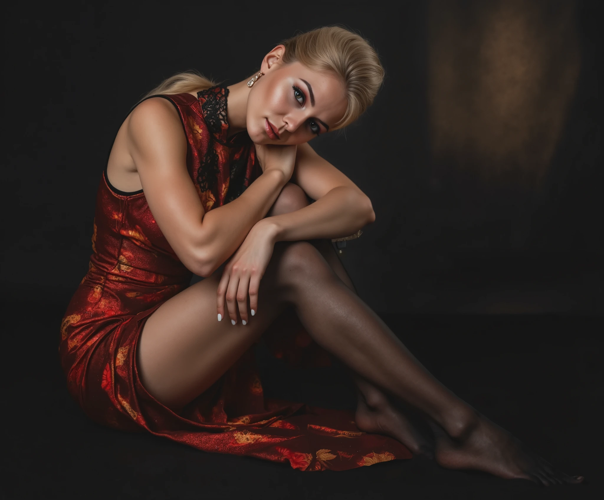 European mature female in a red sleeveless crotchless cheongsam posing for a picture, very attractive and beautiful, elegant seducing pose, beautiful sexy woman photo, sexy girl, very beautiful mature woman, sexy red red sleeveless crotchless cheongsam, gorgeous elegant attractive, very seductive pose, beautiful blonde girl, seductively looking in front, attractive and beautiful, attractive pose, stunning appealing figure, sexy red sleeveless crotchless cheongsam, in red and black wavy blonde hair, wearing a form-fitting skintight red sleeveless crotchless cheongsam with black lace details at the neckline, gold chandelier earrings, crouching pose with one hand resting on chin, black sheer pantyhose, barefoot, black sheer pantyhose, black pantyhose, black sheer pantyhose, (((barefoot:1.6))), very beautiful mature woman, high long blonde ponytail, seated pose, seductive pose, barefoot, detailed feet, soles, toes, indoor setting with soft ambient lighting, stylish and elegant atmosphere, front view angle, smooth lighting and balanced shadows, fashion model photography, modeling photography, 4k fashion shoot, high - end fashion photoshoot, beautiful European woman sitting, attractive pose, cheongsam, fashion shoot 8k, fashion model pose, ruan jia beautiful!, solo photoshoot, professional model photography, fashion photograhy, gorgeous chinese model seated pose, patterned red sleeveless crotchless cheongsam with red and orange designs, relaxed body posture, sitting side profile, dark studio background, soft lighting from above, smooth skin, minimal shadows, calm and introspective atmosphere, professional studio shot