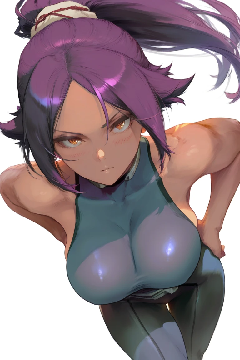 1girl, short hair, purple hair, multicolored hair, purple eyes,.masterpiece, best quality, photorealistic, yujiasuit, yoga sports bra, yoga pants, 1girl, solo, , yoga ball, pants, looking at viewer, smile, green sports bra, simple background, , midriff, long hair, breasts, green pants, sportswear, tank top, upper body, arms up, armpits visible