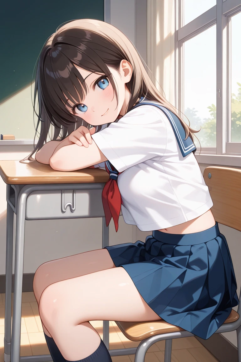 (((masterpiece, Highest quality, High resolution, 超High resolution, Perfect Pixel, Depth of written boundary, 4K, RTTX 10.0))), Beautiful Anime Women, Beautiful art style, Anime characters, ((Smooth texture, Realistic texture, Anime CG Style)), Exact finger count、Exact number of legs、(Exact number of arms:1.0, Exact number of hands:1.0), (Perfect hands, Perfect Anatomy.1.5), Cinematic, Realistic, Extremely detailed CG, Daytime lighting, Perfect lighting, Best Shadow, The best natural light, Perfectly balanced style, Perfect body, (Slender body:1), whole body, ((bangs, Dark brown hair, Twin tails)), cute, ((A woman is sitting on a chair with her skirt flipped up, exposing her panties.:1.4)), ((Beautiful eyelashes)), ((Detailed face:1.2)), (Fashionable white shirt, Navy blue sailor color, Sailor suit, Navy pleated mini skirt:1.3), (セクシーでcute水色のパンティ, Light blue panties with lace trim around the edges, Detailed panty folds:1.4), (Shiny satin side-tie light blue panties:1.5), (A puzzled look:1.3), (blush:1.1) (School classroom, The back of the chair is behind your back, During class:1.3), From directly behind, (Skirts of uniform and precise length, The skirt is flipped up:1.2)