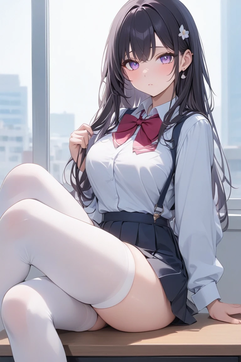 Black hair, twin tails, wavy hair、Girl、Glasses、Huge breasts、glamorous、Thick thighs、Formal Shirt、Purple short tie、(Take off the black pleated skirt:2.0、Showing off her purple low rise panties:1.5、Camel toe:1.5、Absolute area、Black knee-high socks and garter belt)、Sleeping in bed、Spread your legs、looking at the camera、Close up on crotch:1.5、NSFW、Ecstatic face、Climax face、Prostitute、Bitch、NSFW、Manguri Gaeshi