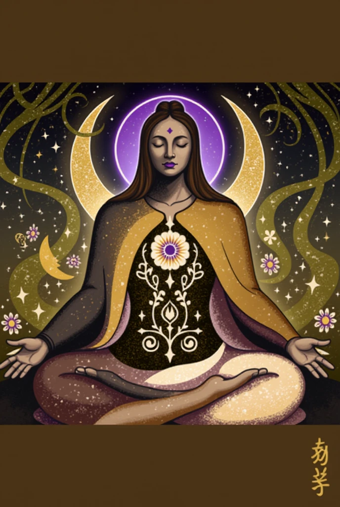 Artistic painting of woman with drad in hair, bead necklace around the neck, both arms raised, sitting in a meditation pose, fundo preto, com planetas e estrelas
