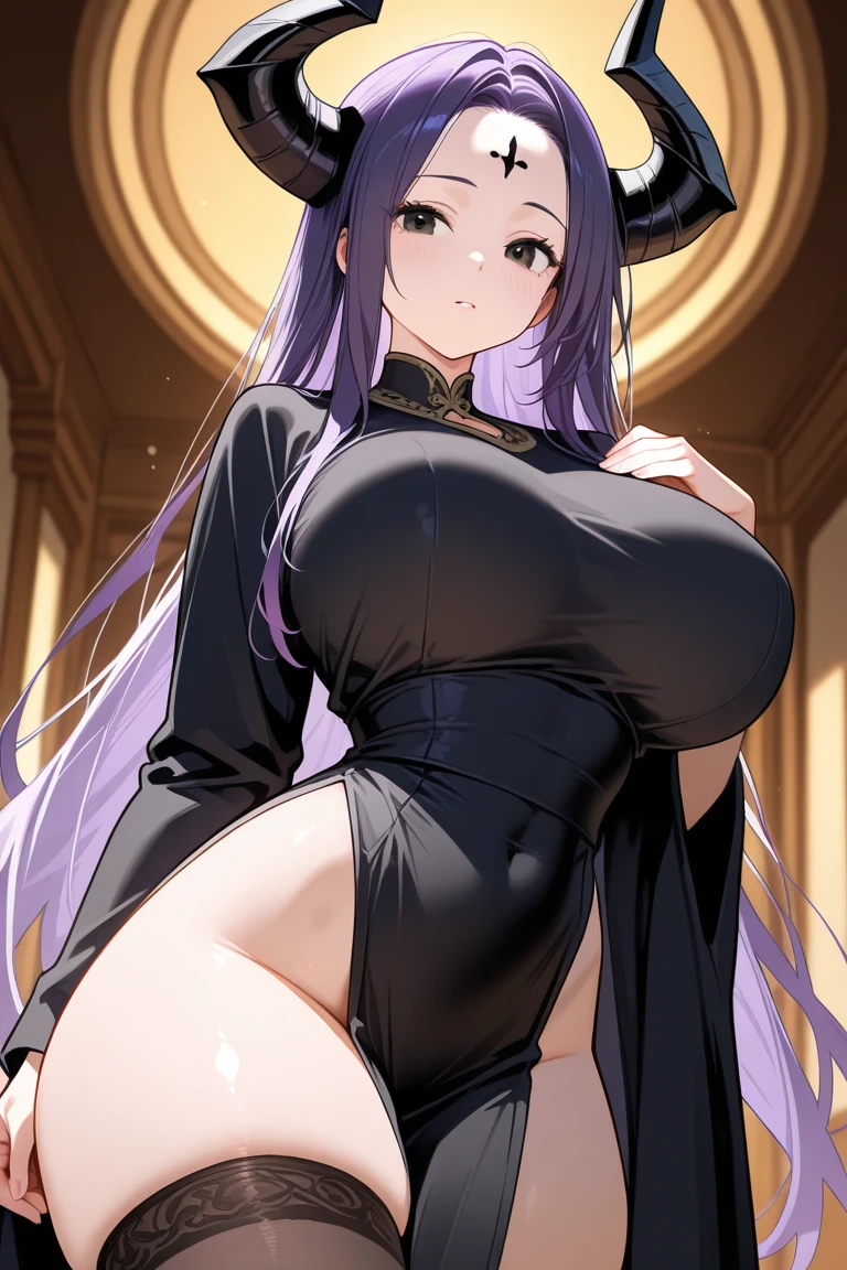 Athena,Extra long purple hair,Purple Eyes,Adult women,Measurements: B100W66H,Black one-piece dress,There are small purple and gold decorations,The long jumpsuit is very sexy,barefoot,A black hole in the background universe,Purple black hole