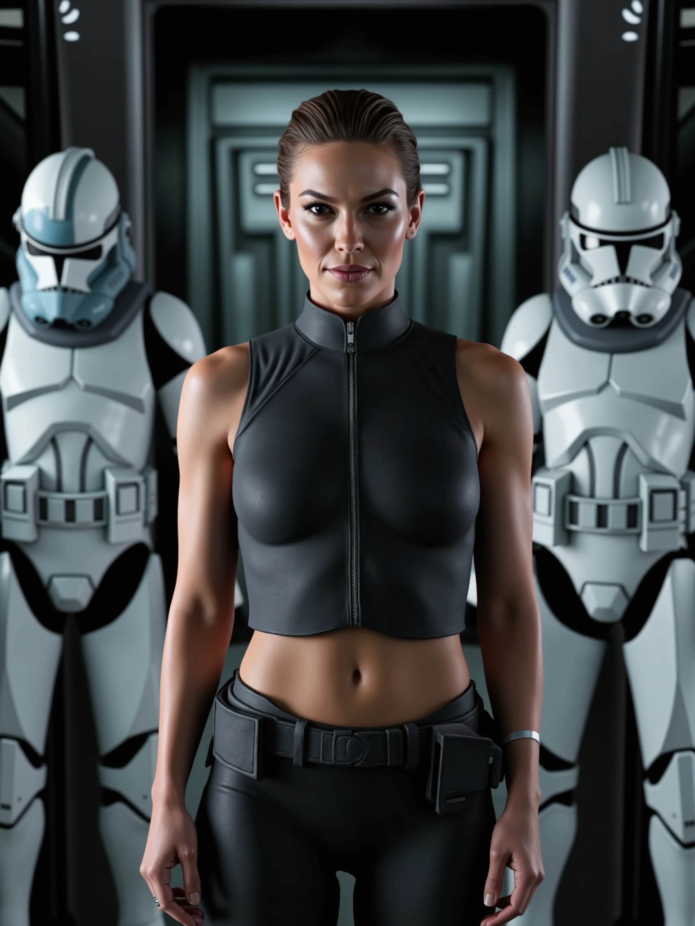 ((RAW Photo), star wars theme. aboard a star destroyer. an young woman imperial officer awaits a large landing bay. she is flanked on either side by two clone troopers. Clone troopers armour have grey hoghlights. the troopers are at attention. she is strong and sexy. she has a very athletic and feminine body. Nice breasts. she is wearing a perfectly fitting super tight dark grey pants and a dark grey high coller tunic. Zipped to the top. Midriff wxposed to ahow off her well defined abs. feminine athletic body . she has a look on her face that says she is aroused. she has a sexy smirk. her hair is slicked back and pinned up military style. he hands are at her sides . 8k ultra realistic .close up. hd. ultra realistic skin