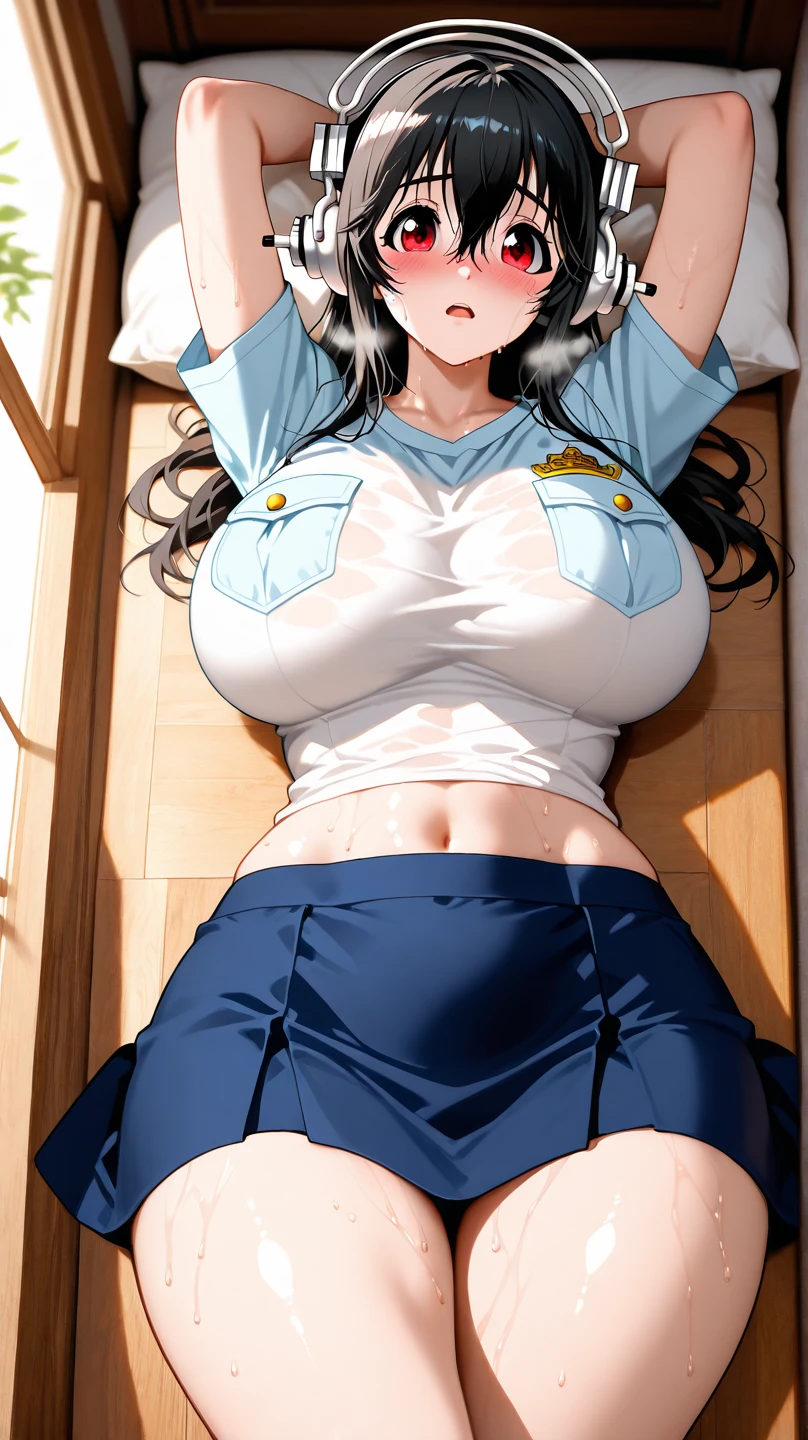 (nsfw),masterpiece,ultra detailed,sharp focus,high resolution,(tareme),puffy nipples,plump and mature female,seductive anime female,breast milk,opened shirt,laced undies,black hair,(lying on carpet),stadio apartment,(messy home),used clothes on floor,tv on tv table,pubic hair,(armpit hair),sweaty,(aroused),excessive cum in pussy