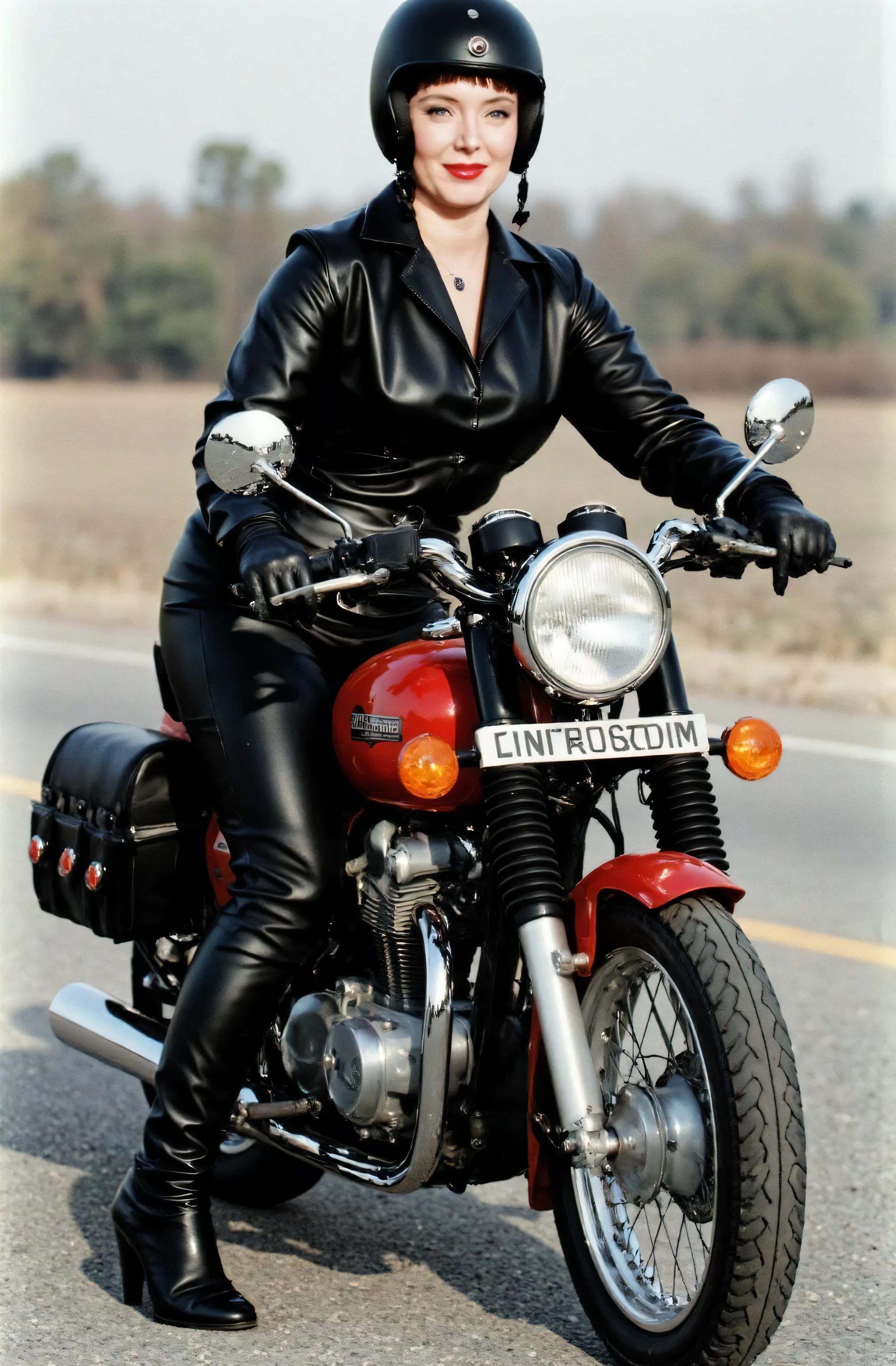 Marsha Queen Of Diamonds wearing a black leather pants, wearing black leather boots up to her knees, wearing black leather opera gloves. wearing a helmet, riding a motorcycle, full body picture, she is smiling.