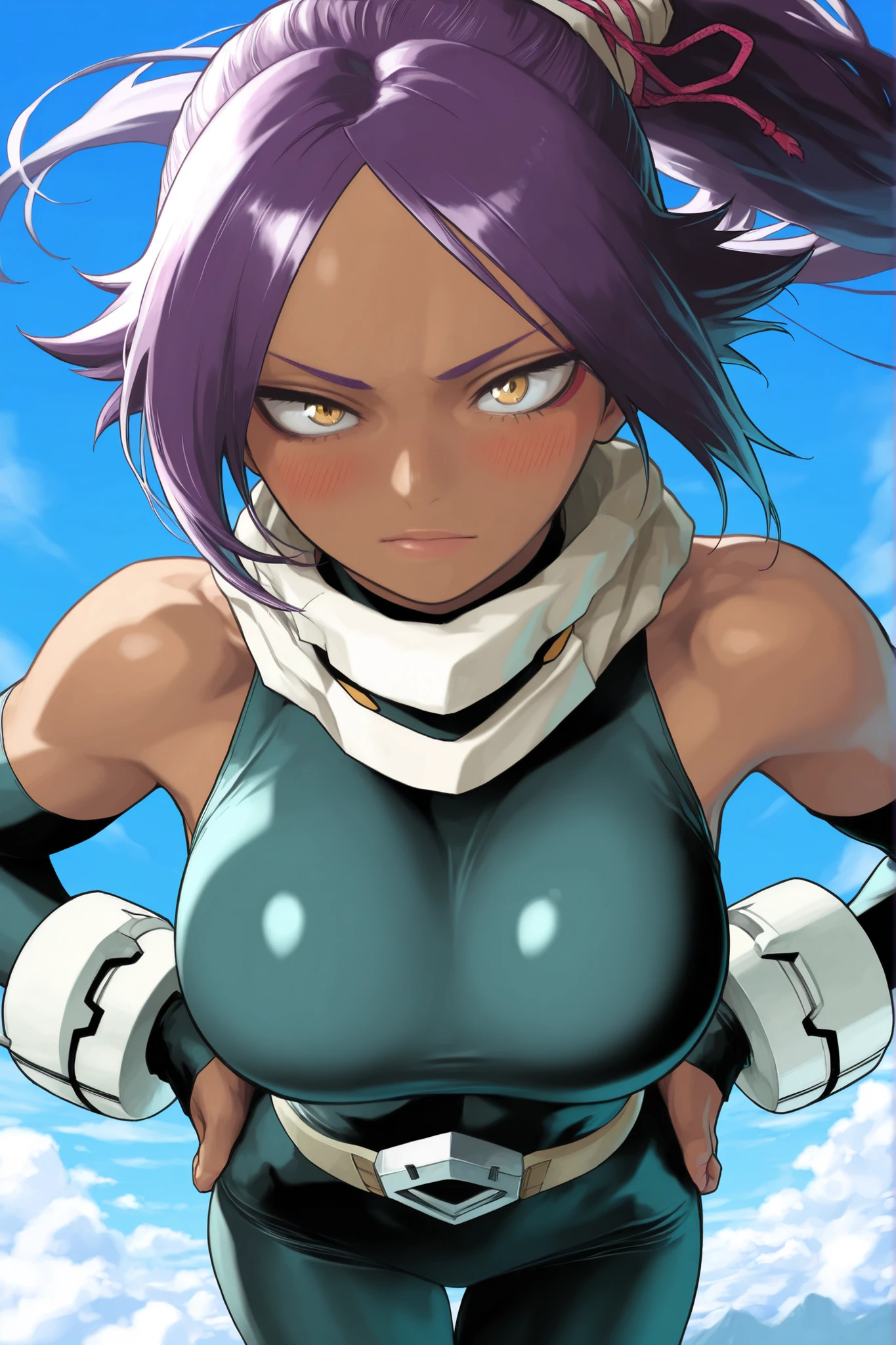 (((masterpiece)),maximum quality, futuristic setting, mulatto character, dark skin, long hair, purple hair, blue hair, pink hair, purple colored eyes, dragon ball style, is inspired by Bulma from Dragon Ball Z.
