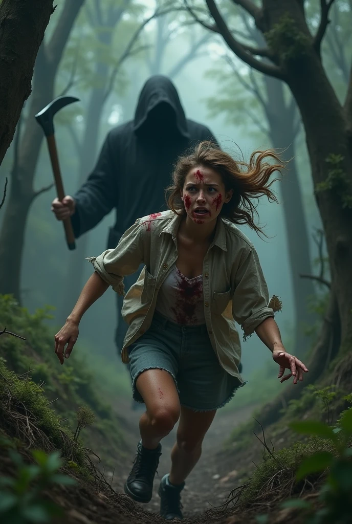 A girl who is dressed in pants and a t-shirt with a black mask covering her face coming out of a cave running from something dark and is stained with blood