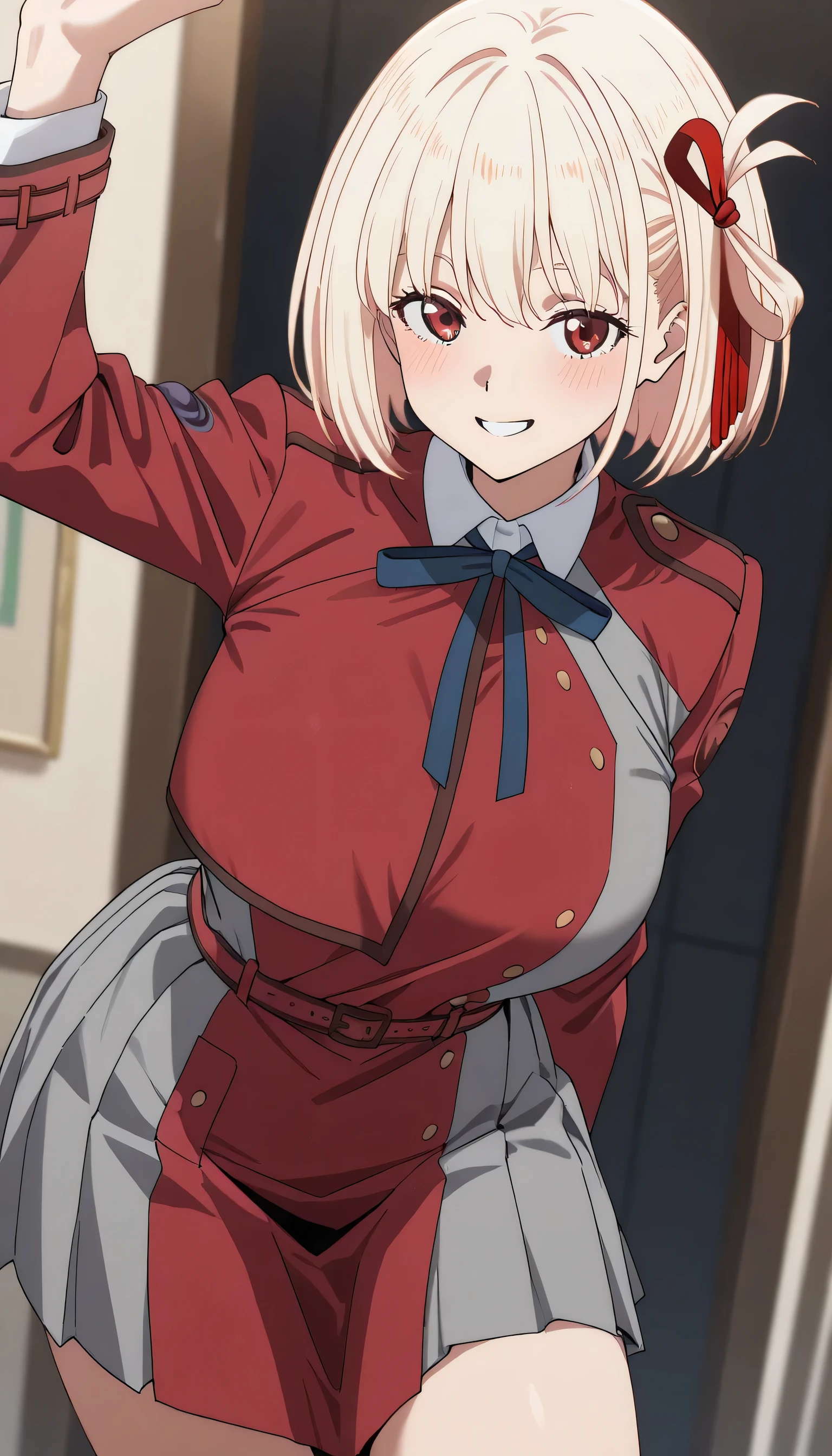 score_9, score_8_up, score_7_up,(masterpiece),(best quality),( very well detailed ),8k,(1 woman),( voluminous ),Chisato Nishikigi, short hair, bangs, blonde hair, red eyes, hair ribbon, one side up, bob cut,big breasts,nsfw,shirt, long sleeves, dress, ribbon, white shirt, collared shirt, belt, neck ribbon, red dress, blue ribbon, pleated dress, grey dress, two-tone dress, red belt, lycoris uniform,Bewitching Poses, Smile,nsfw