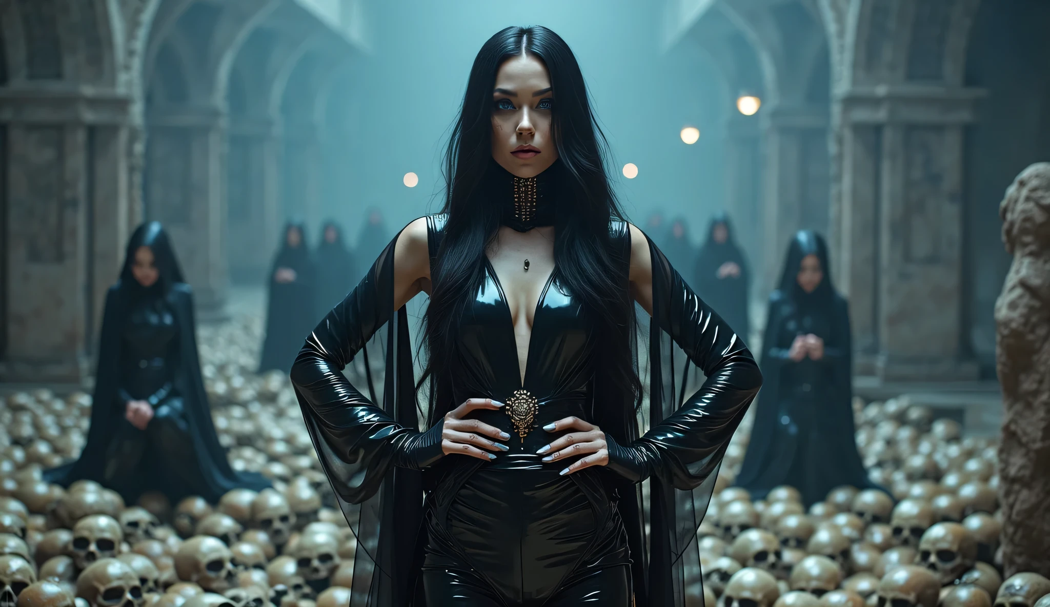 a duchess with blue eyes and black hair on her sapphire throne, being illuminated by an intense red light in her face