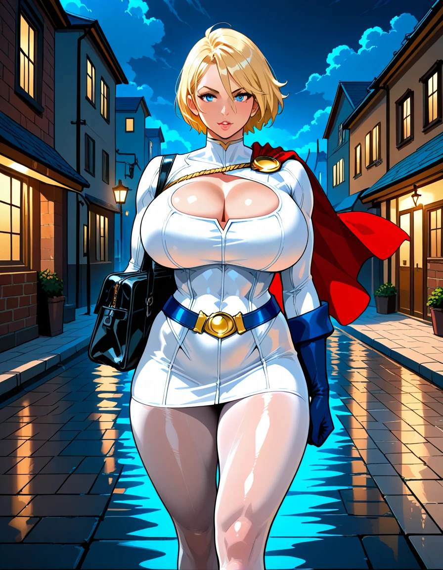 Power Girl, standing looking at the viewer, cleavage, big round breasts, slim waist, curvy hips, slim athletic body, wearing Power Girl outfit, short blonde hair, beautiful detailed eyes, beautiful detailed lips, beautiful detailed nose, comic art style, streets in background, dramatic lighting, PhotoRealistic, Power Girl from dc comics,