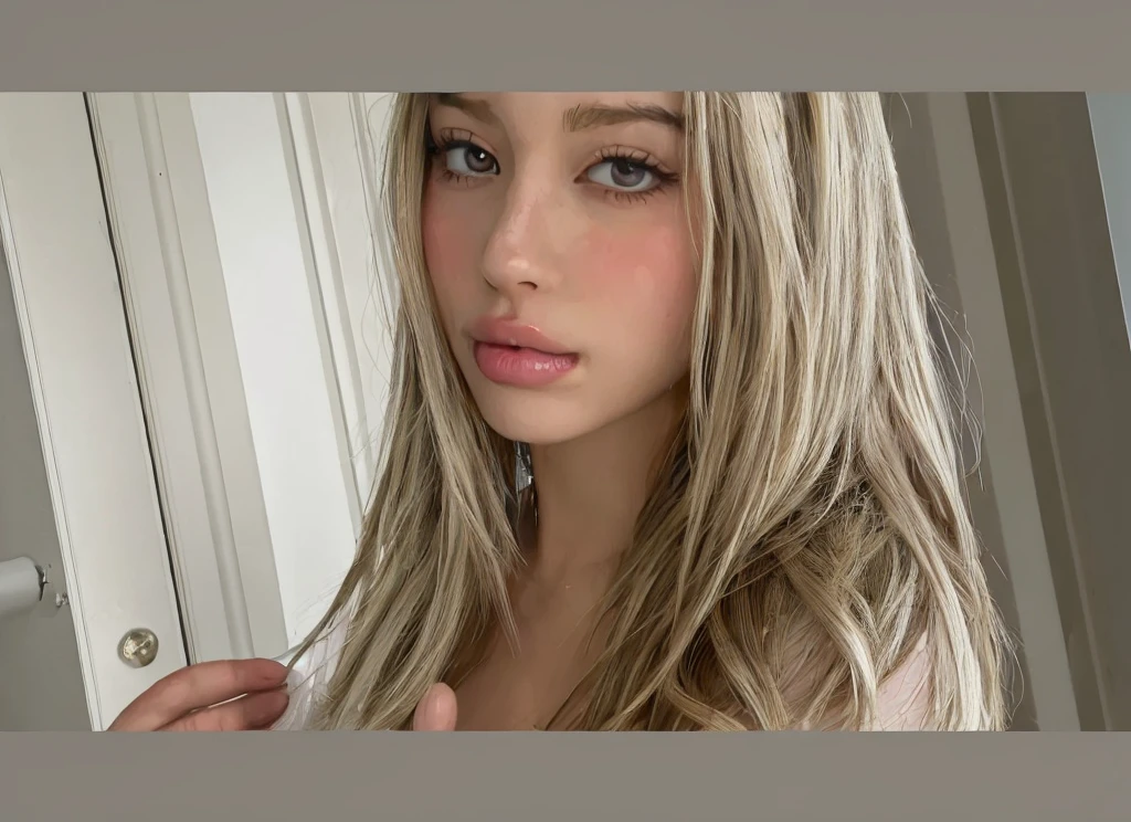 Incredibly beautiful 18 year old girl, skin fair, black eyebrow, thick and striking, hair with slight waves at the ends and blonde highlights, clear green eyes, plump, pink lips, delicate face of . photo ultra realistic, detailed photo.