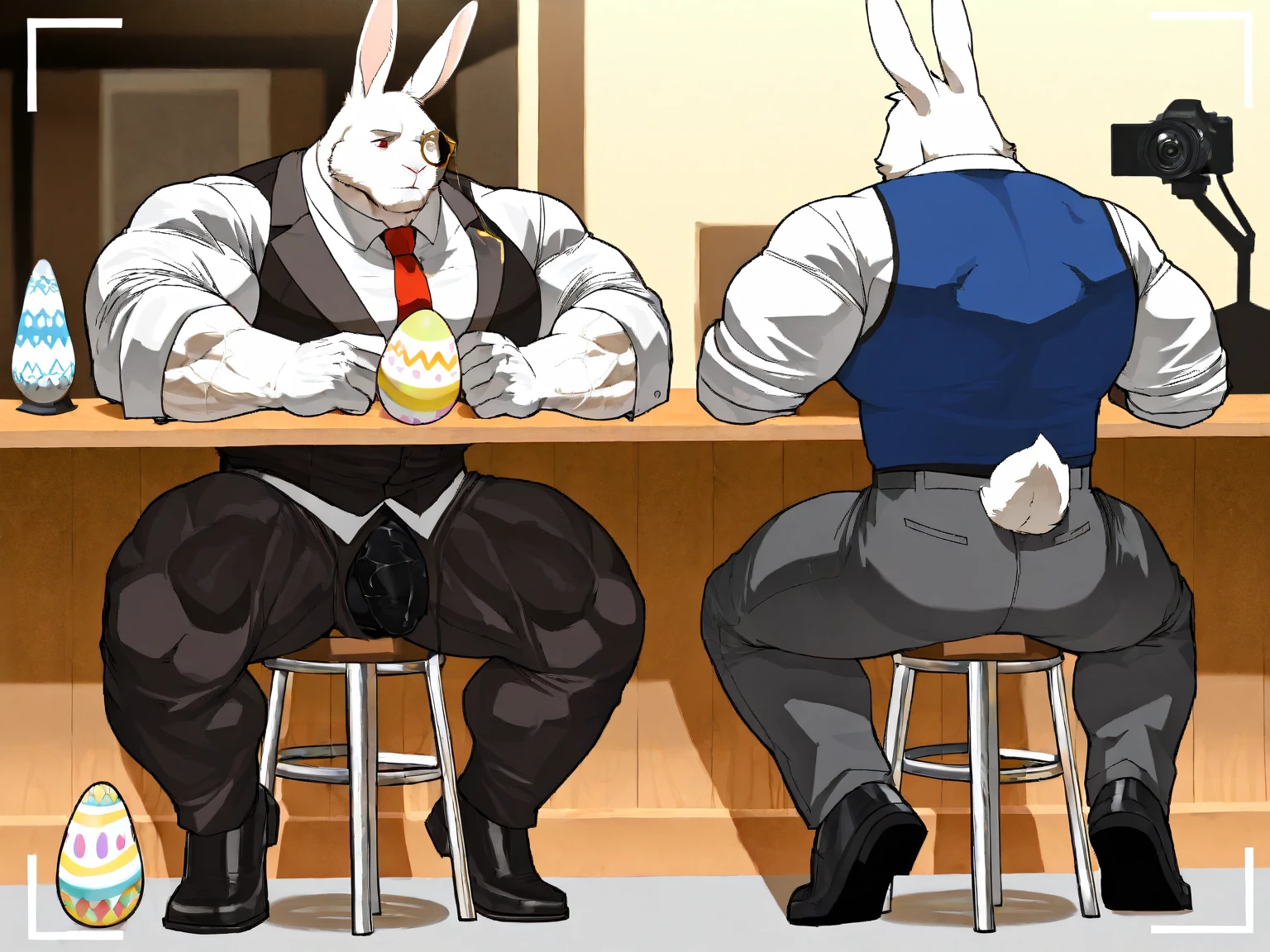 Medium muscular, rabbit, light gray, light gray rabbit, rabbit in underwear, black underwear, box underwear, long ears, from back, back view, posing, with short tail, tail, rabbit tail, bunny, bunny tail, anatomy, good anatomy, perfect anatomy, male anatomy, perfect body, By chunie
