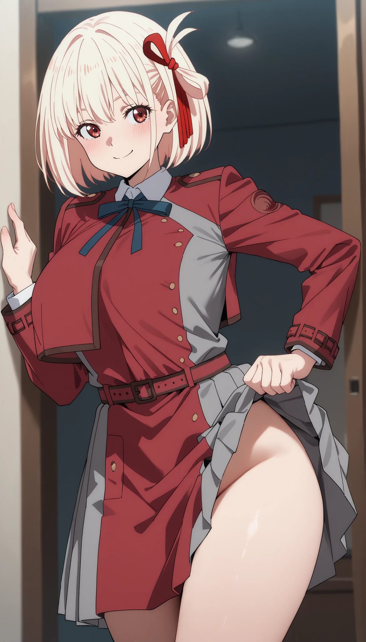masterpiece, highest quality, 1 girl, (one body), super detailed, High resolution, Very detailed CG, 1st Default, first closing, (first hairstyle:1.5), (folded ponytail:1.5), (40mature adult woman:1.5), long sleeve, (big:1.5), office, (red面:1.5), (smile*1.5), (red_Jacket:1.5), whiteのシャツ, earrings, Ascot, brooch, (red_pencil skirt:1.5), (red_lips), whiteいthighs, huge breasts, (wide pelvis), (Are standing), (とてもbig_lower body:1.5), (Very thick_thighs:1.5), (完全に露出したpanties:1.5), (panties丸見え:1.5), (white_race_Transparent_panties:1.5), (lift the skirt:1.5), (スカート that rolls up:1.5), (股間のアップをfrom below見上げる_perspective:1.5), (from below:1.5), (looking at the viewer), (cowboy shot)