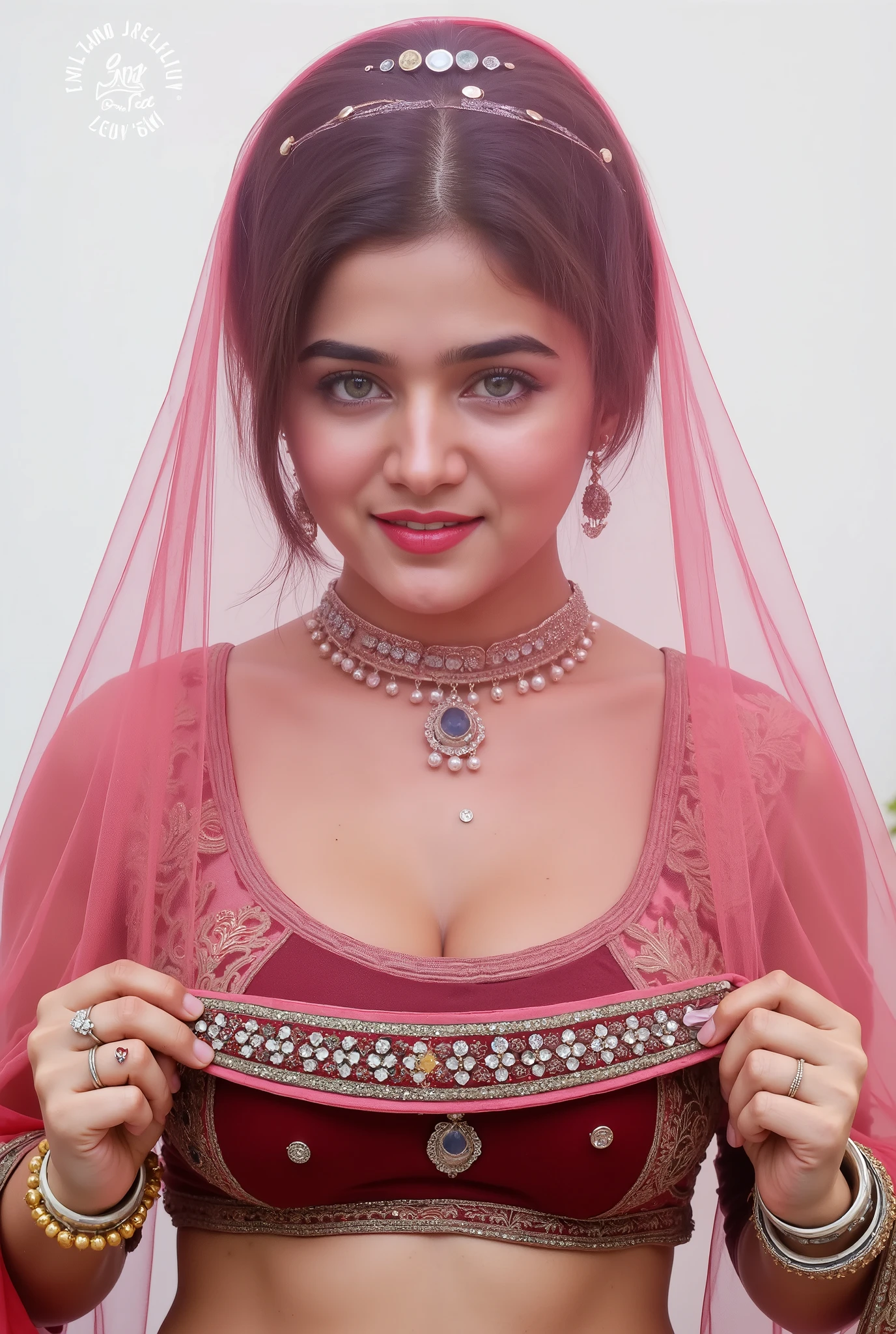 Indian Rajputi girl in Rajputi poshak, Beautiful Face, Sheer veil on face, Transparent veil from her head to face, Beauty Enhancing Make Up, Rajasthani Jwellery, Large Breast, Slim Body, Cleavage, traditional look, traditional rajputi dress, rajputi paridhan, Ghoonghat, Transparent ghoonghat (Veil), her hand adjusting veil, Cleavage shown, Beautiful covered lady, full light, Full pose, full body pose, ultra hd, ultra realistic, 8k, Standing full pose, courtyard, Nose nath jwellery, gold Necklace, Nath, Realistic,