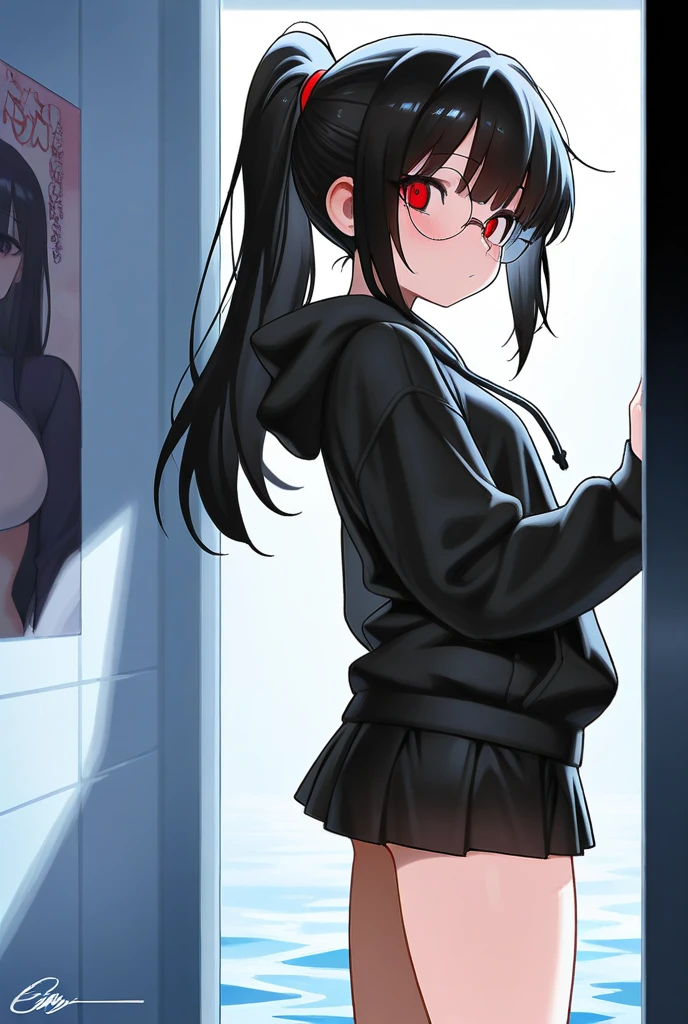 Best Quality, 超A high resolution, Photorealistic, (((one beautiful women,V arm)))、sofas,Hair between the eyes、Leaning forward、 Large breasts, Holding, blush,(((1girl in))), Upper body, Room with window, Luxurious room、smil,((black serafuku,School uniform,Black Choker,Midriff,Lace-trimmed legwear,Sailor collar))