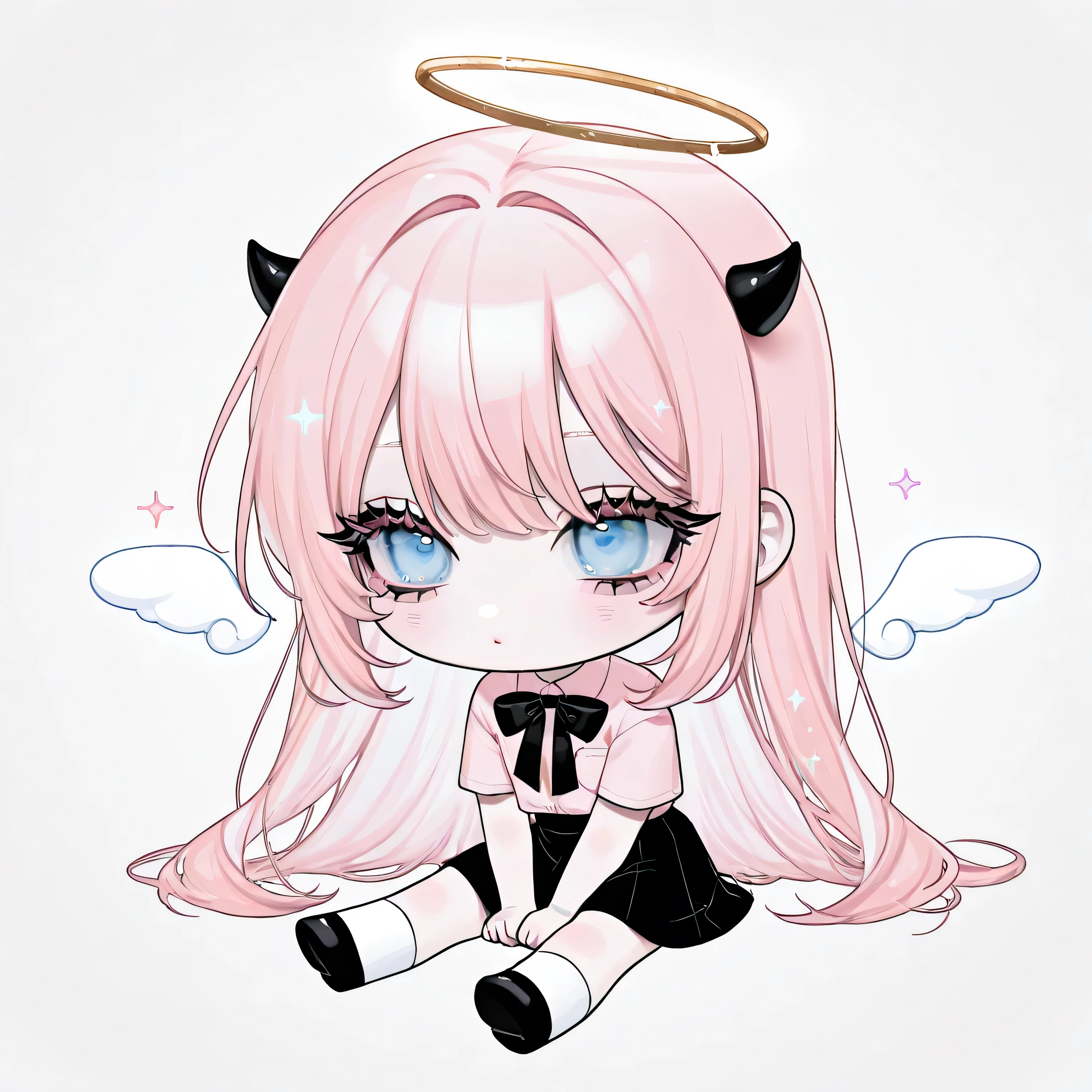 1 Girl, high resolution, 8k resolution, great, golden ratio, by Kanae ,最 by Kanae ,best image quality,masterpiece, top quality,romantic lighting,soft lighting,LONG LASHES AND THICK BUNDLES,thick eyelashes ,I have few eyelashes ,The eyebrows are thin, Light Blushのアイシャドウ,Light Blush,pastel colorsのメイク, aegyo sal, clear skin,Whitening, double eyelids, (aegyo sal:2.0), with light pink hair , Super long hair, pastel colors, clear , Ephemeral, sparkles, background white, white background, white background, Watch Viewers,mini characters, chibi, full body, short sleeve light pink shirt with black bow, black skirt,high school girl,uniform,small black horns, light blue eyes, Angel's halo, Angel Ring, sit, light pink short sleeve shirt,Light pink short sleeve shirt with black bow on chest