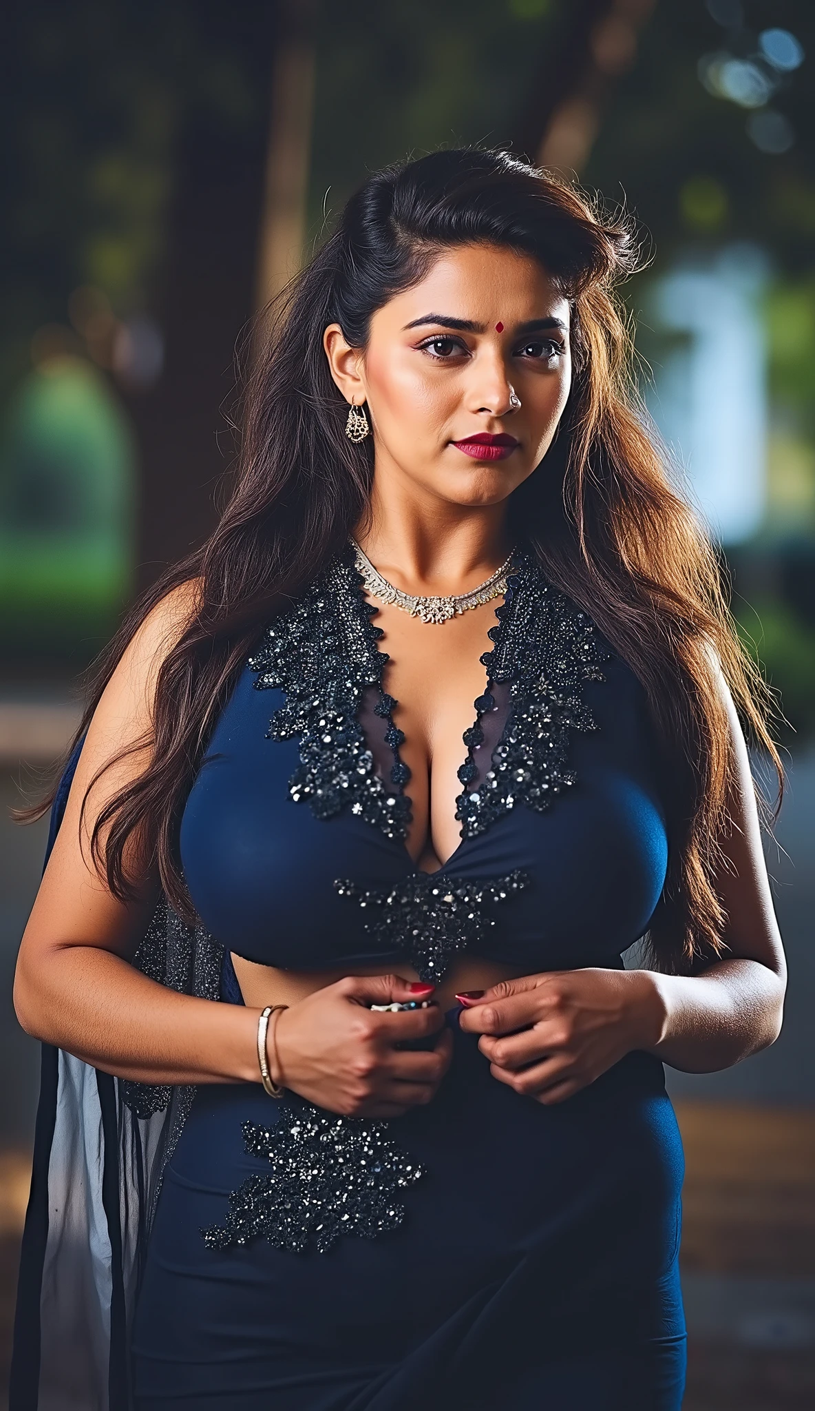 Mature Indian lady, wearing dark blue deep neck sleeveless blouse and saree, showing her cleavage and navel with her waist and hip long silky hair, feminine realistic hands with dark red manicure, nice curves, sitting outdoors , sensual, erotic, 8k cinematic quality