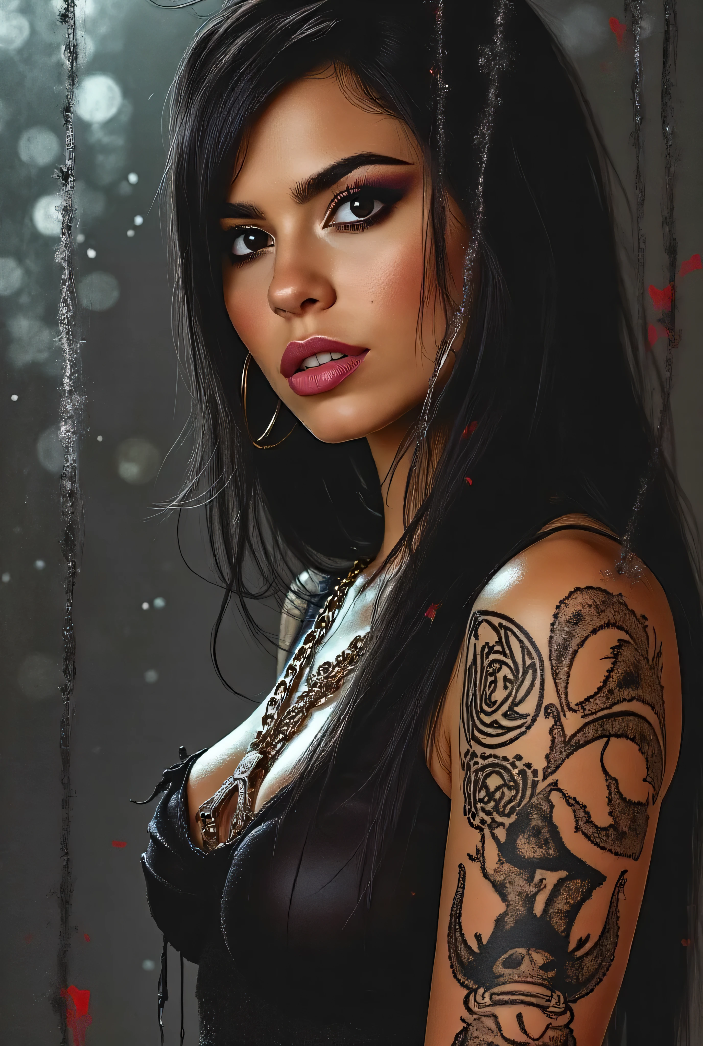 A beautiful woman with long flowing black hair, hot, sexy, horny, with full breasts, full lips, silky skin, full breasts (big breasts), with stylized tattoos, low-cut dress, wearing earrings, bracelet, holding a cigarette, and in the background mountains and volcanoes, hyperrealistic sensual woman, photorealistic elegant woman, hot sexy woman with intricate details.