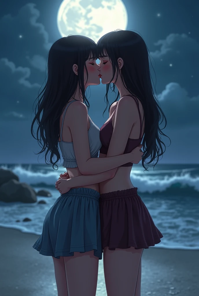 On a moonlit beach, two women walk hand in hand along the shoreline, the waves gently lapping at their bare feet. The silvery light reflects off the water, casting a romantic glow on their faces. With the stars twinkling above and the distant sound of crashing waves, their lips meet in a tender kiss filled with longing and connection. The salty breeze carries their laughter and the scent of the sea, enveloping them in a serene and passionate moment. The scene is captured in a dreamy, soft-focus style using pastel colors and gentle brushstrokes, conveying the timeless nature of their love.
